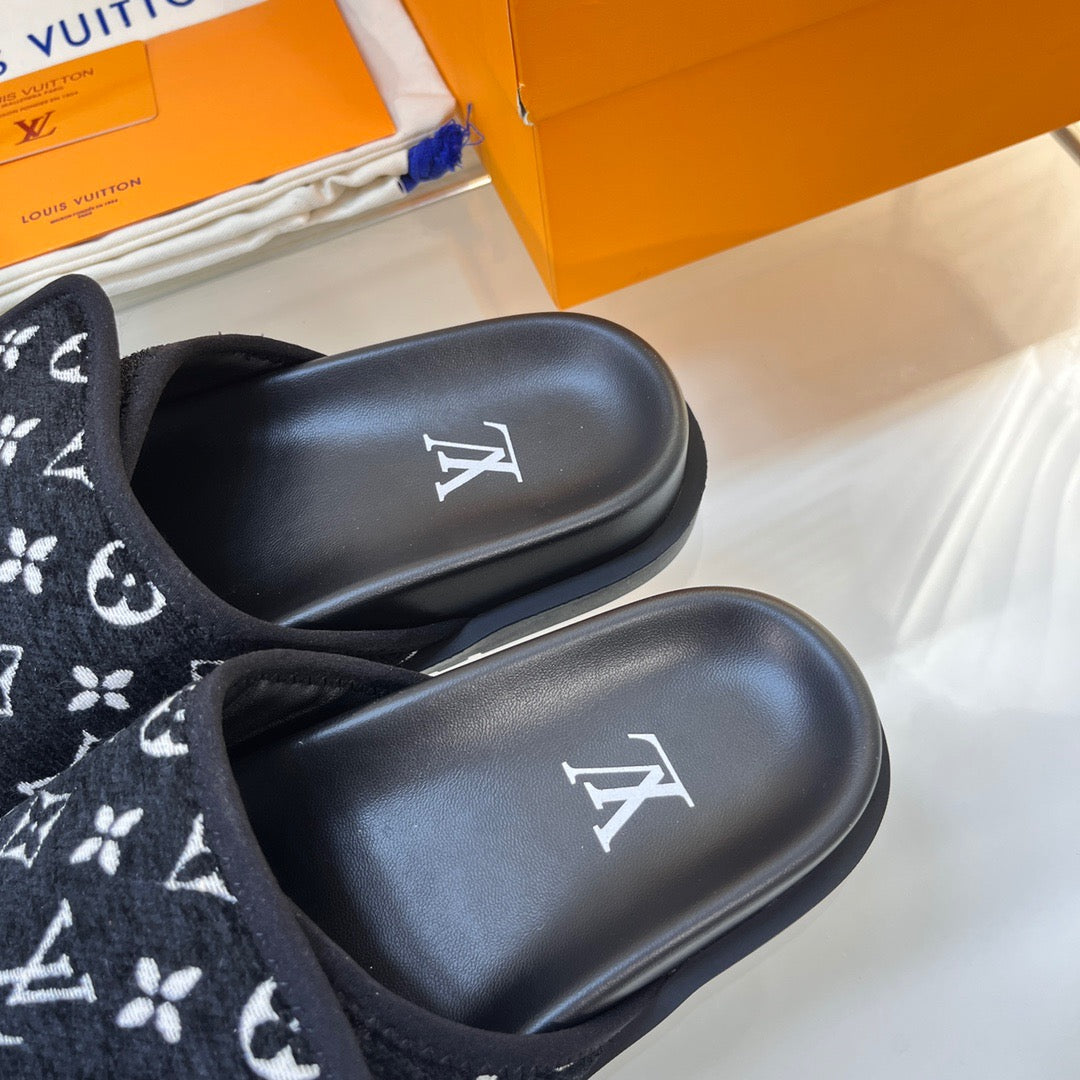 LV Black Slippers With Horizontal Bands And Adjustable Velcro Straps