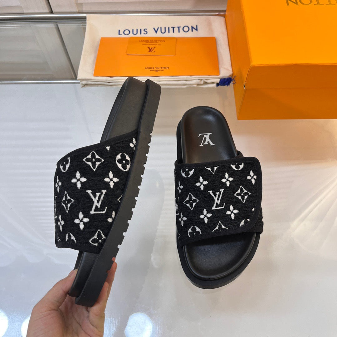 LV Black Slippers With Horizontal Bands And Adjustable Velcro Straps