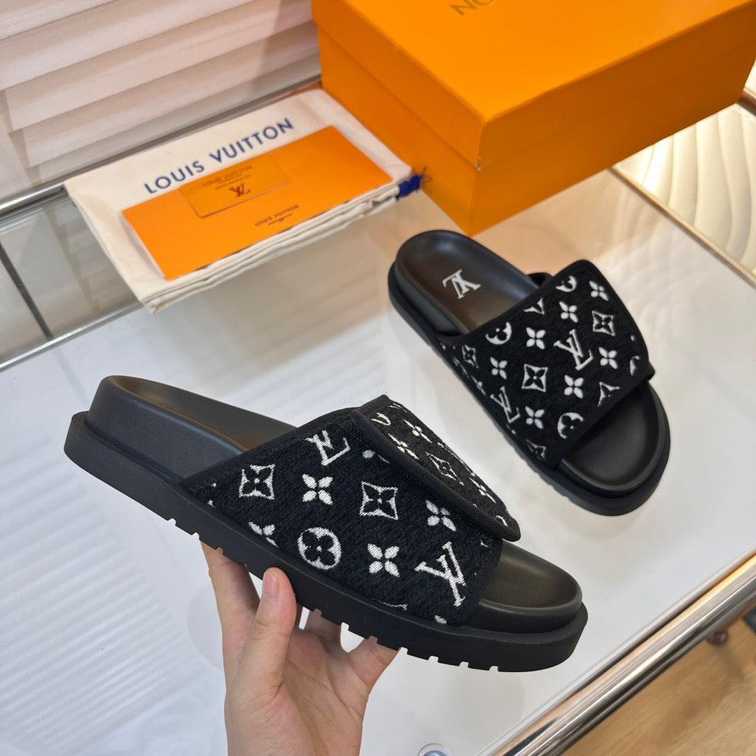 LV Black Slippers With Horizontal Bands And Adjustable Velcro Straps