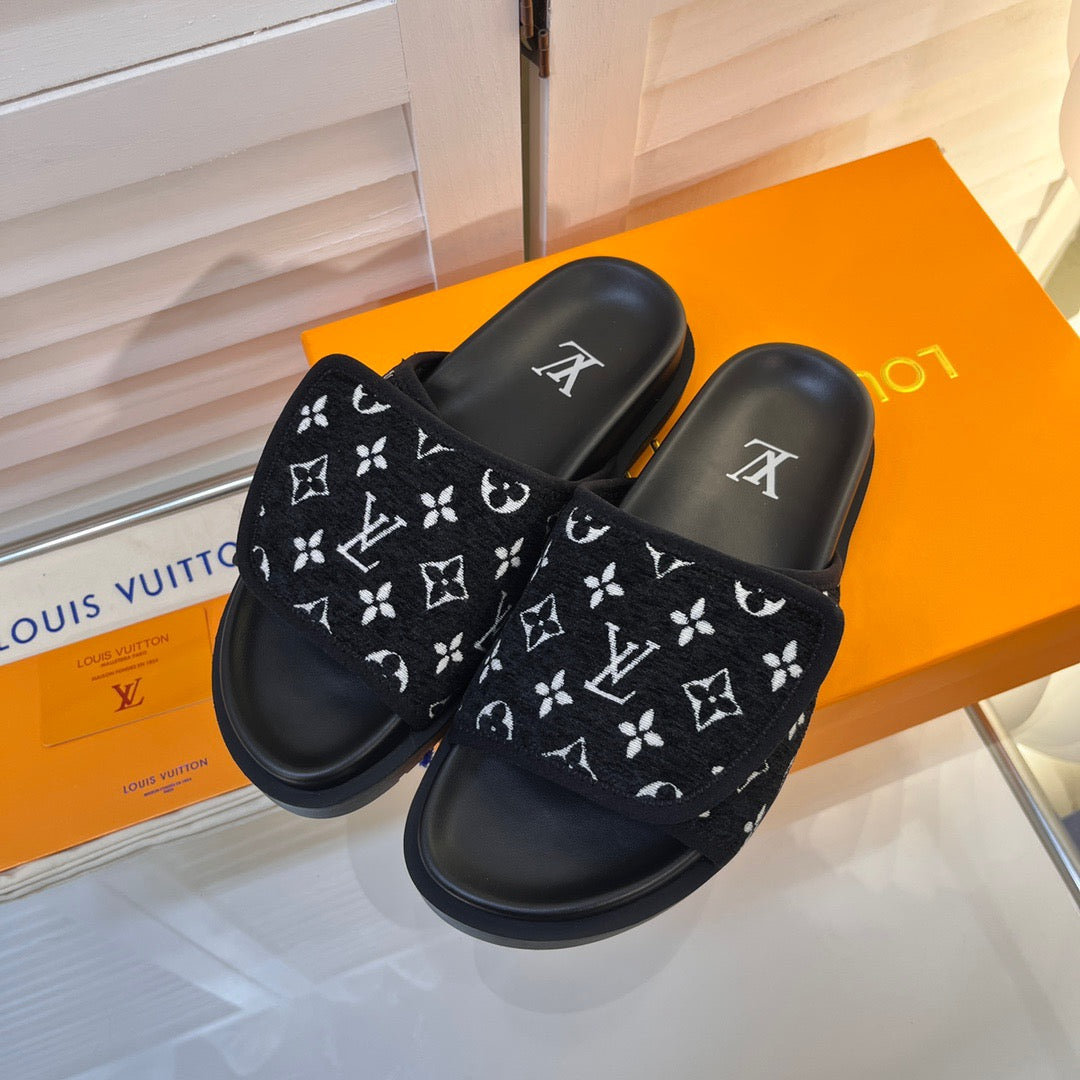 LV Black Slippers With Horizontal Bands And Adjustable Velcro Straps