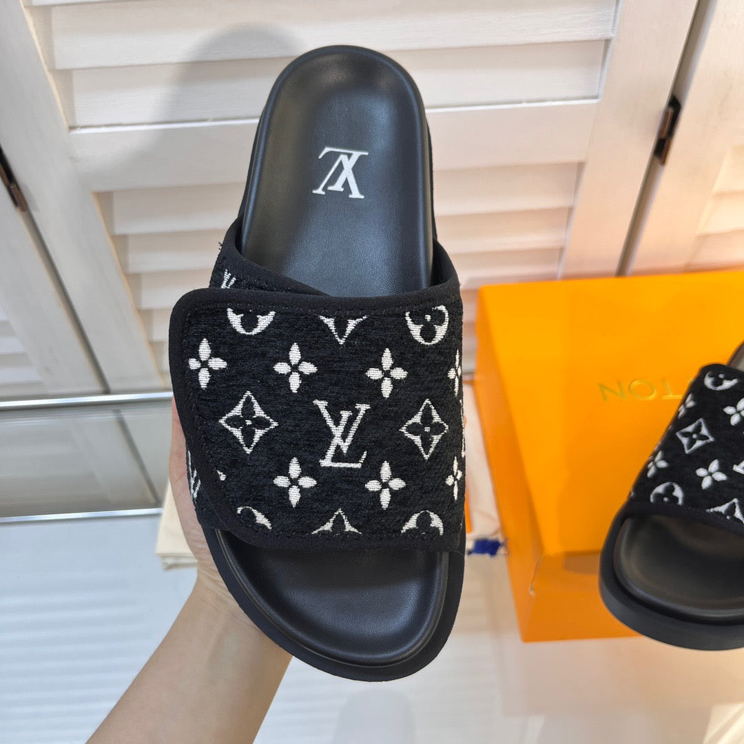 LV Black Slippers With Horizontal Bands And Adjustable Velcro Straps