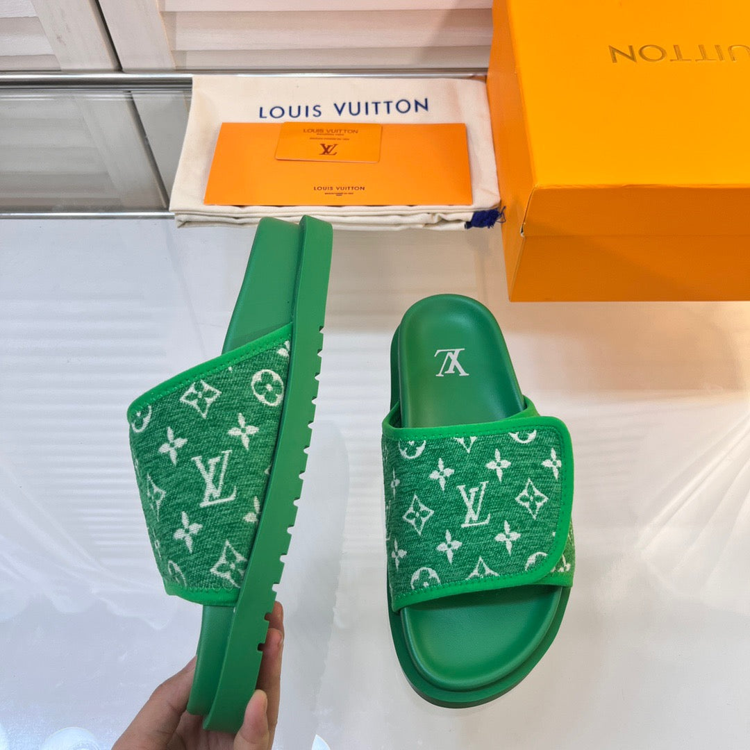 LV Green Slippers With Horizontal Bands And Adjustable Velcro Straps