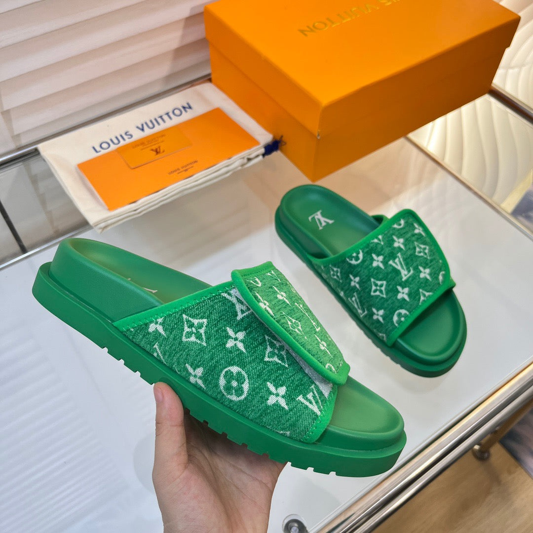 LV Green Slippers With Horizontal Bands And Adjustable Velcro Straps