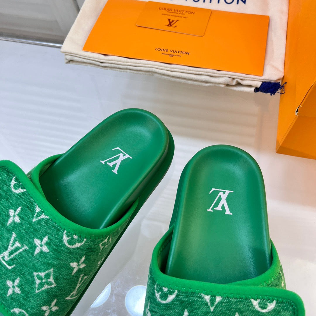 LV Green Slippers With Horizontal Bands And Adjustable Velcro Straps