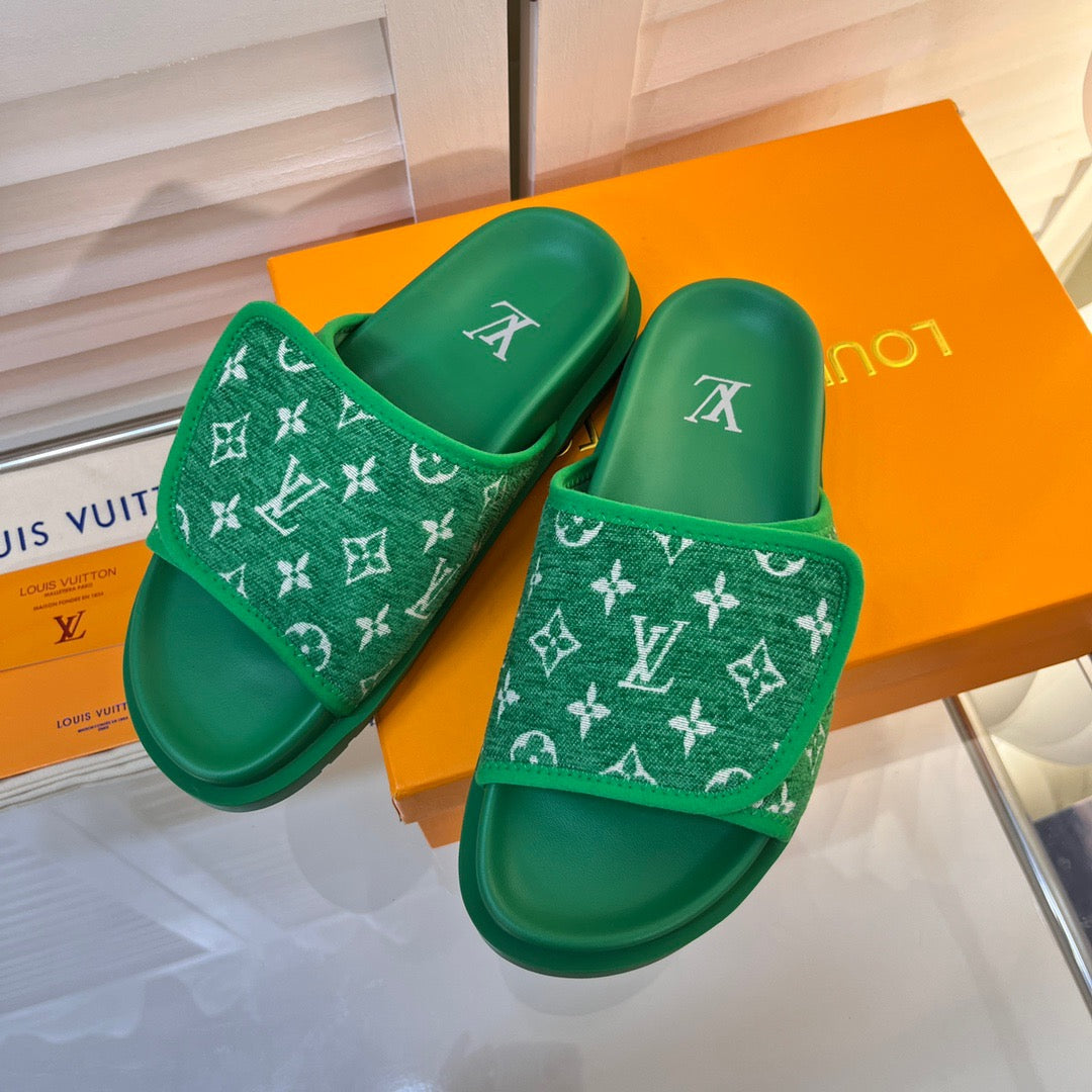 LV Green Slippers With Horizontal Bands And Adjustable Velcro Straps