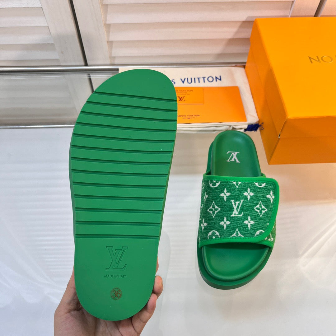 LV Green Slippers With Horizontal Bands And Adjustable Velcro Straps