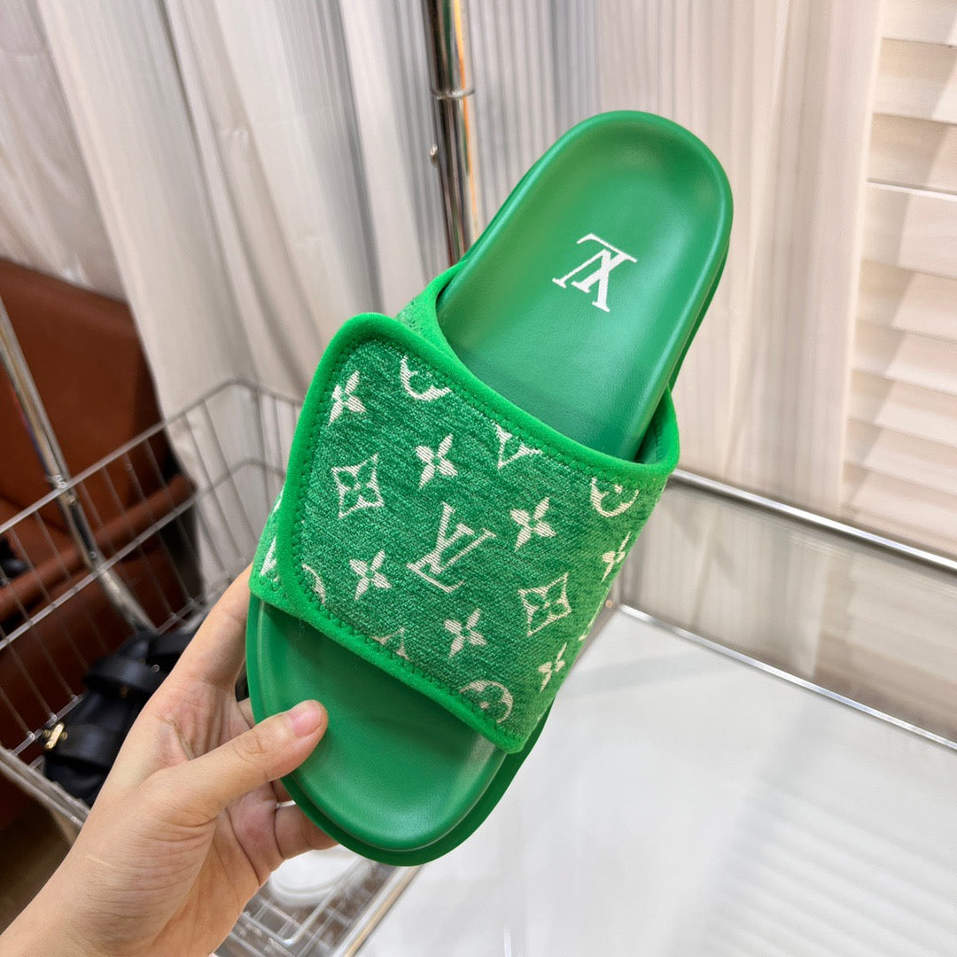 LV Green Slippers With Horizontal Bands And Adjustable Velcro Straps