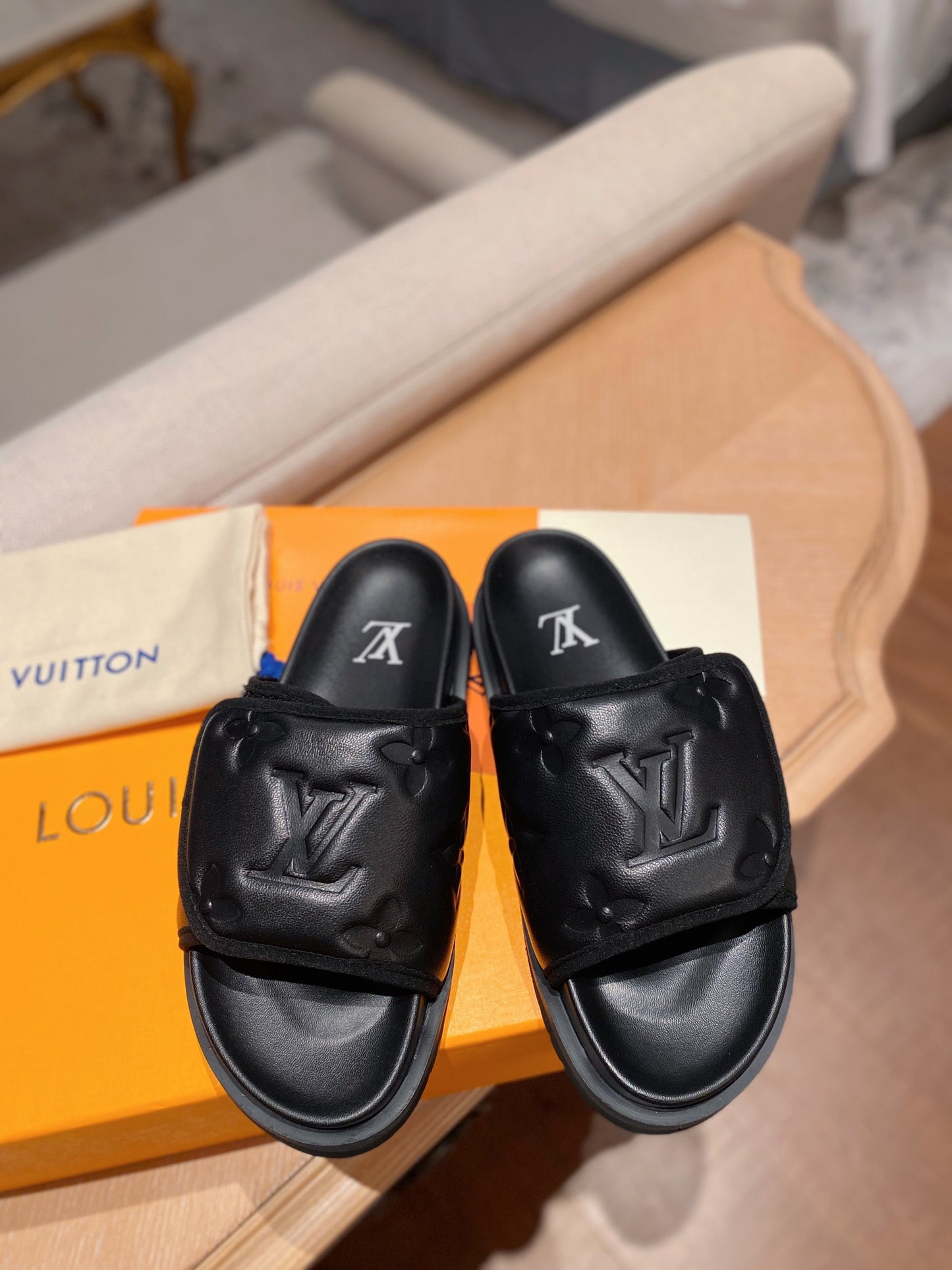 LV Monogram Black Embossed Slippers