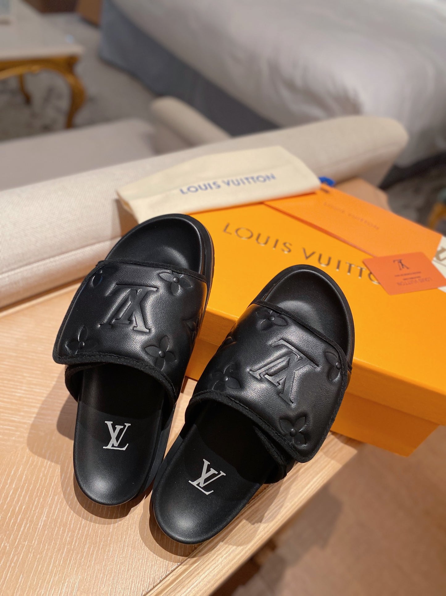 LV Monogram Black Embossed Slippers