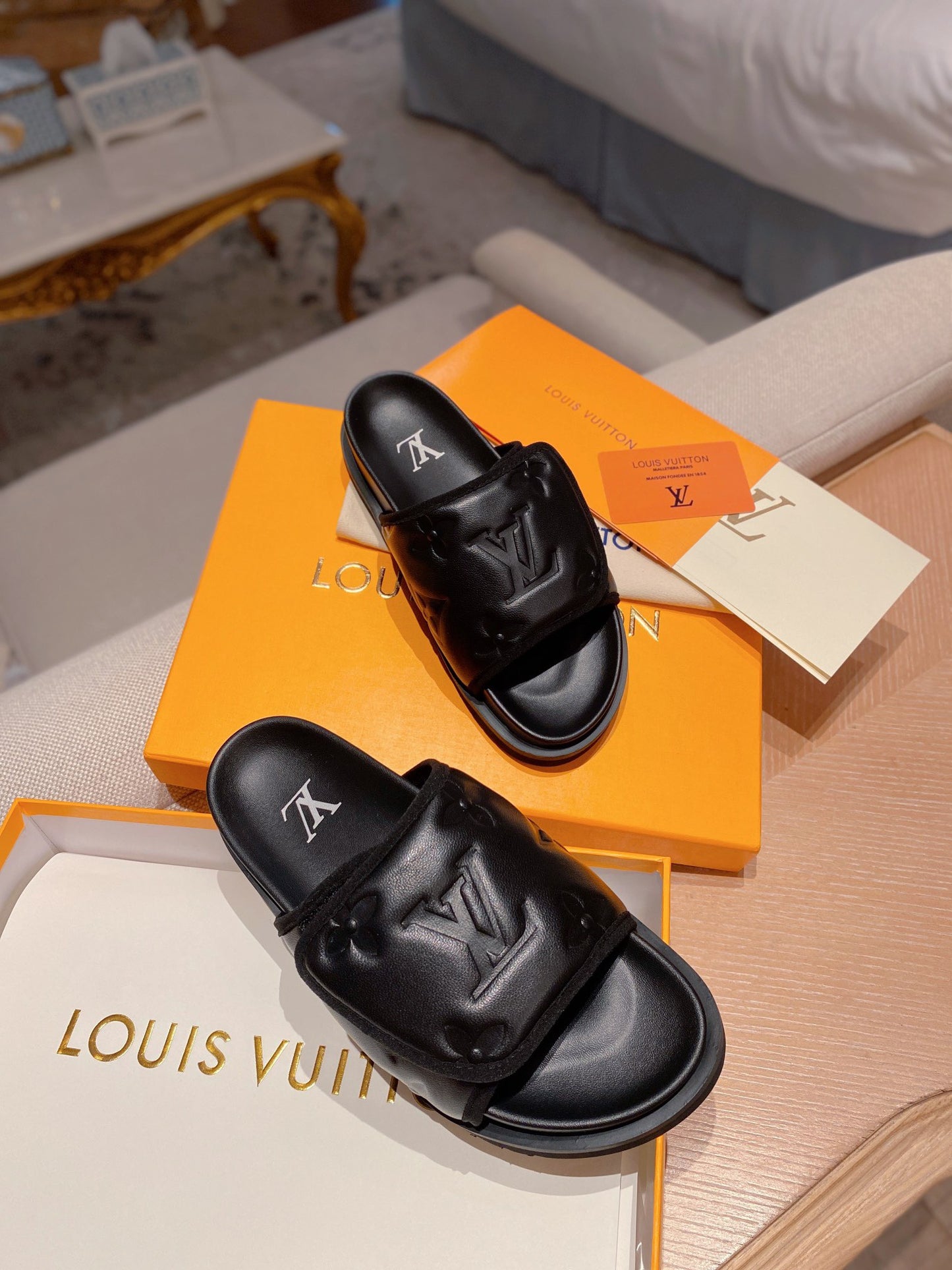 LV Monogram Black Embossed Slippers