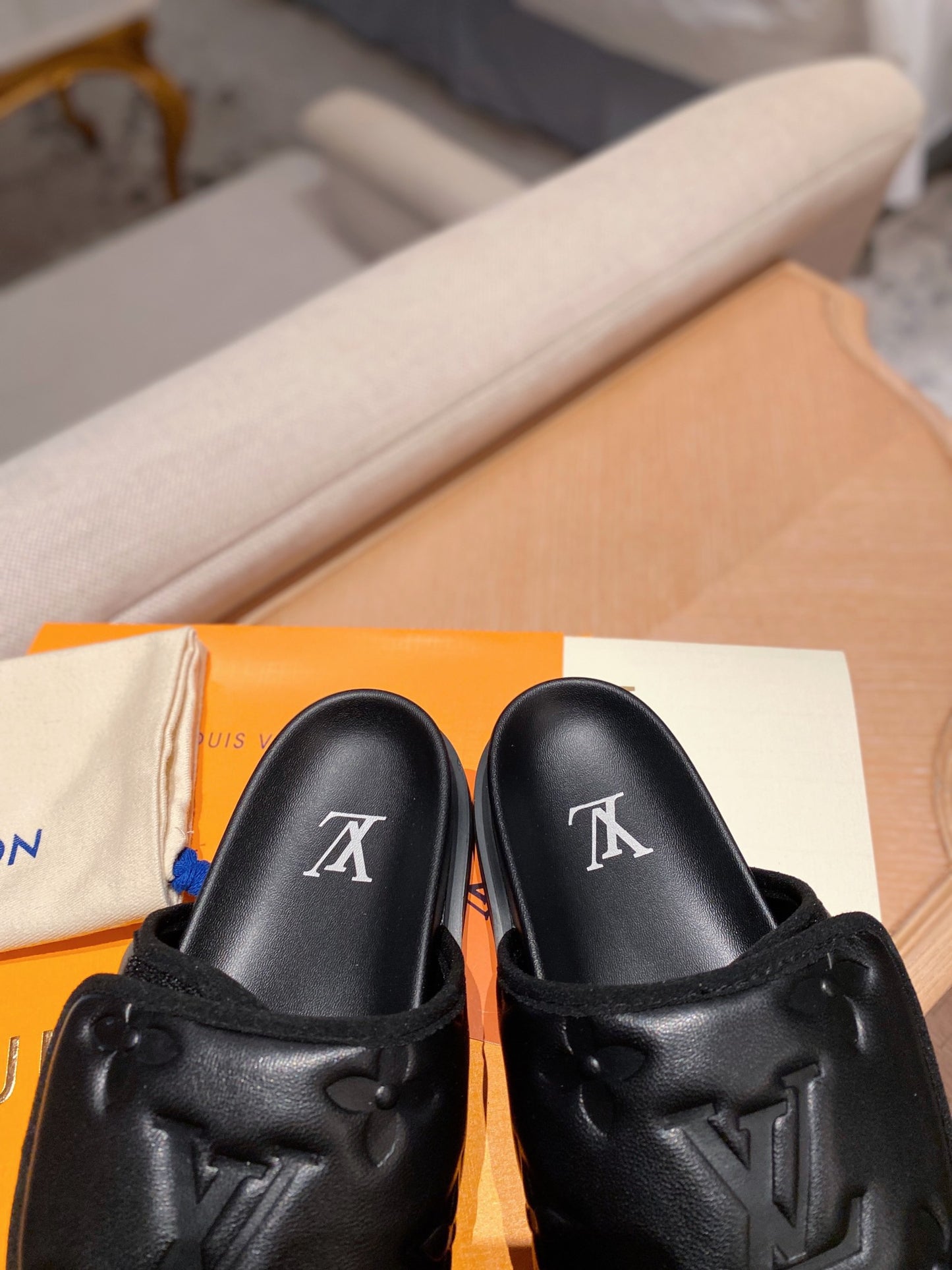 LV Monogram Black Embossed Slippers