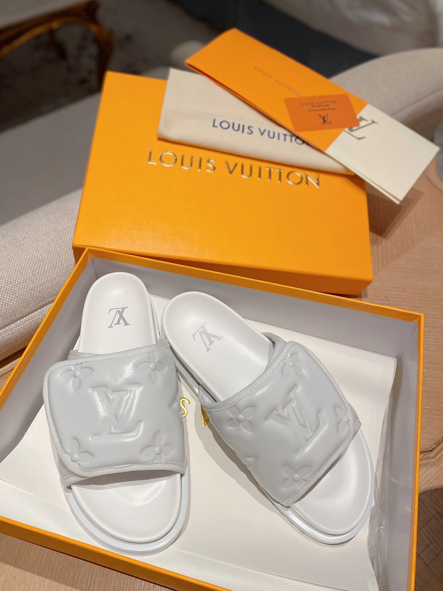 LV Monogram White Embossed Slippers