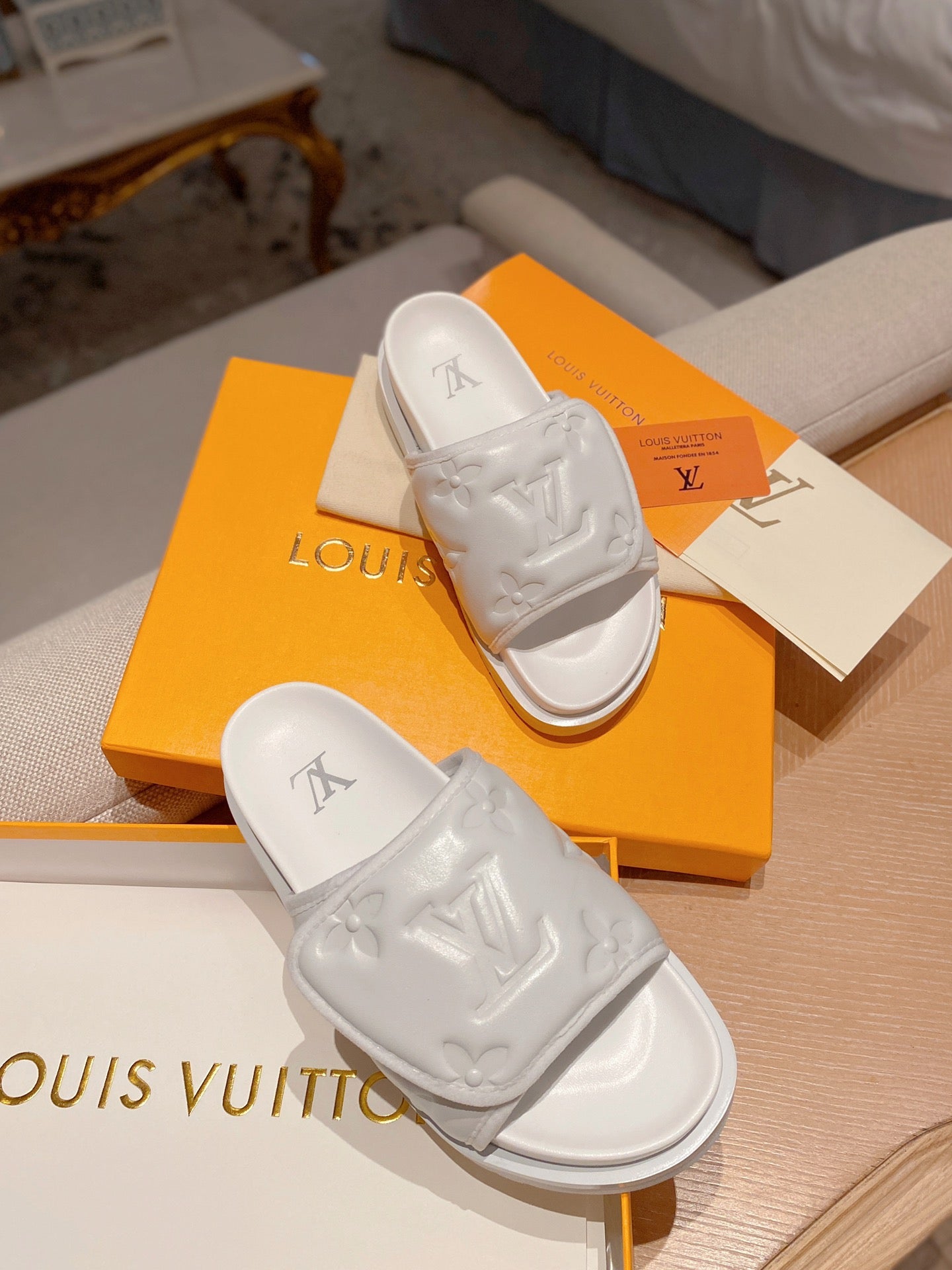 LV Monogram White Embossed Slippers