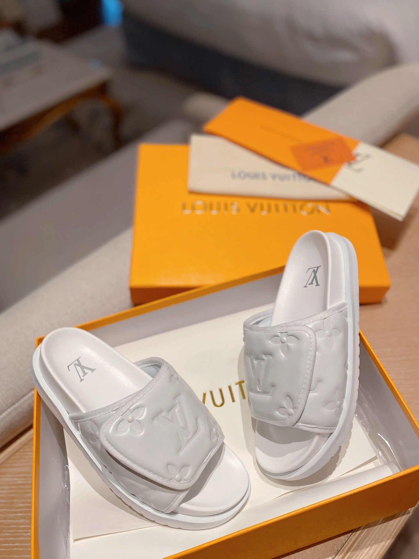 LV Monogram White Embossed Slippers