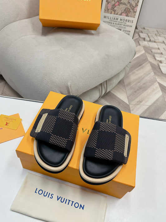 LV Denim Dark Brown Checkerboard Slippers