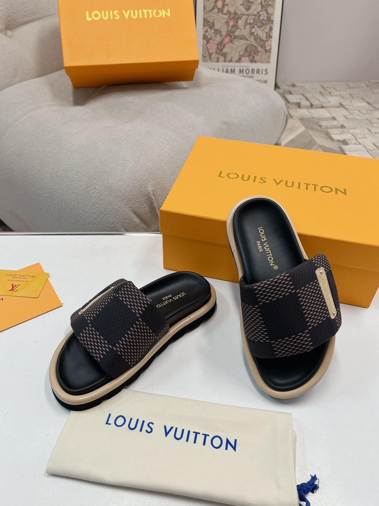 LV Denim Dark Brown Checkerboard Slippers