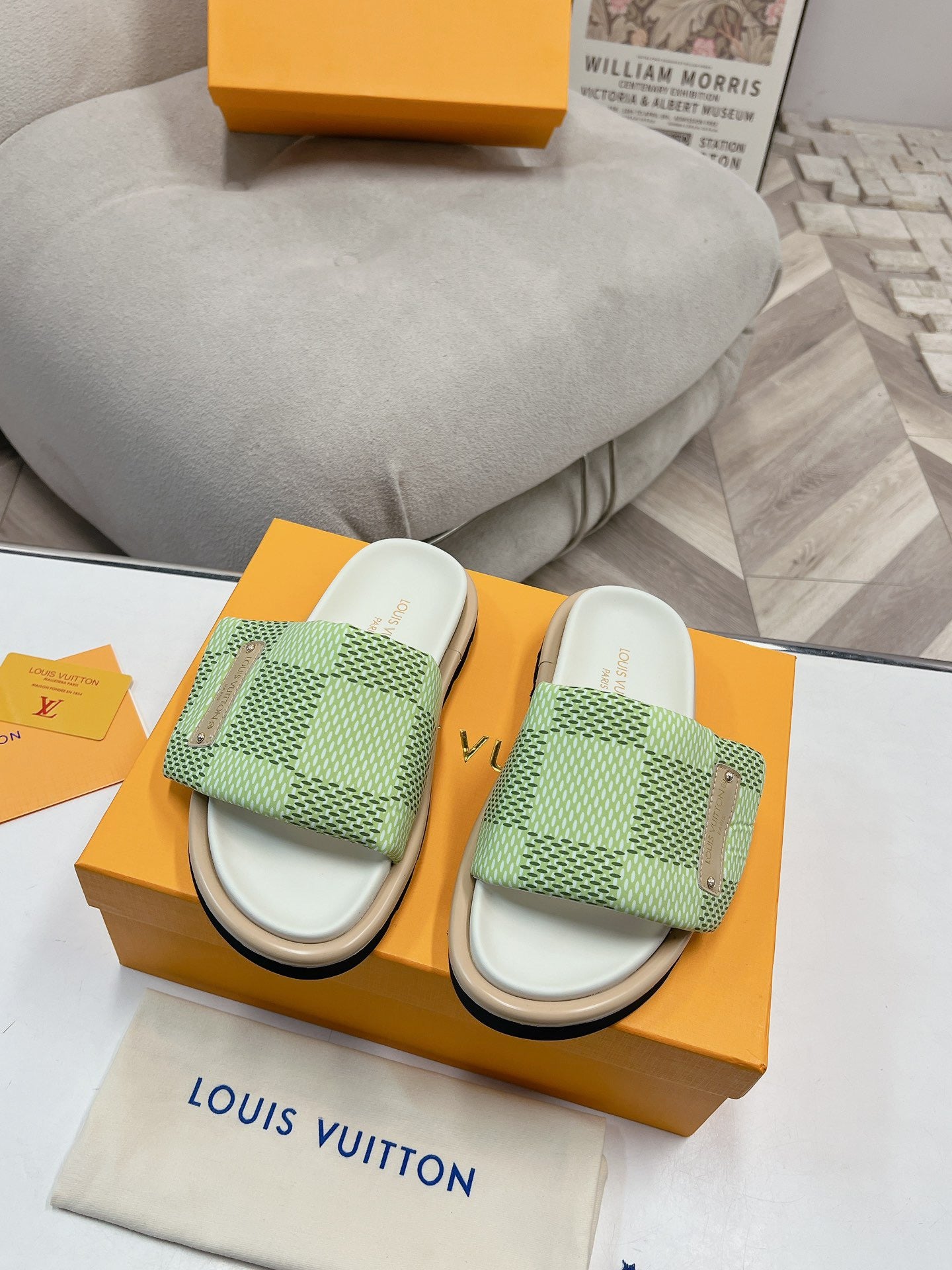 LV Denim Green Checkerboard Slippers