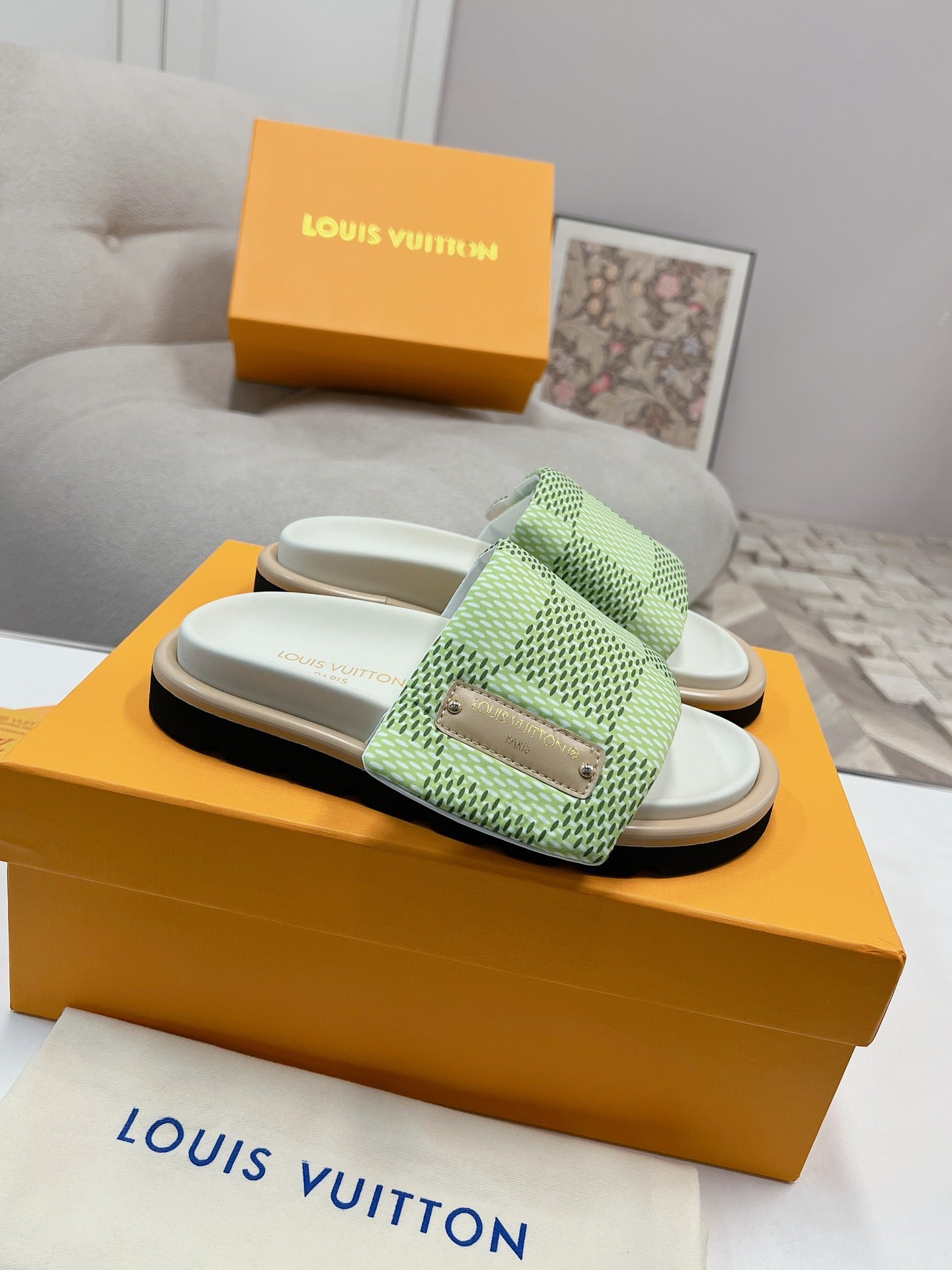 LV Denim Green Checkerboard Slippers