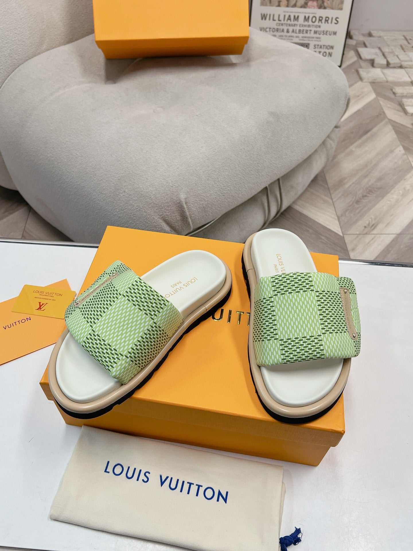 LV Denim Green Checkerboard Slippers