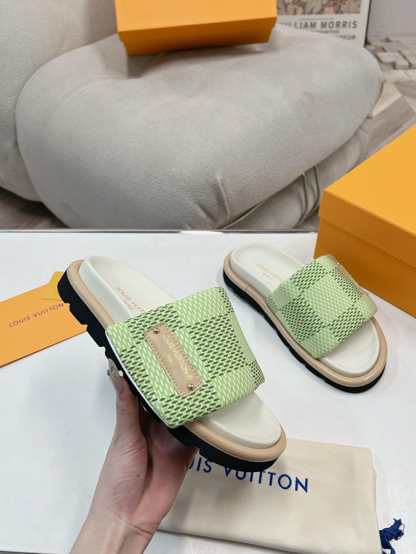 LV Denim Green Checkerboard Slippers