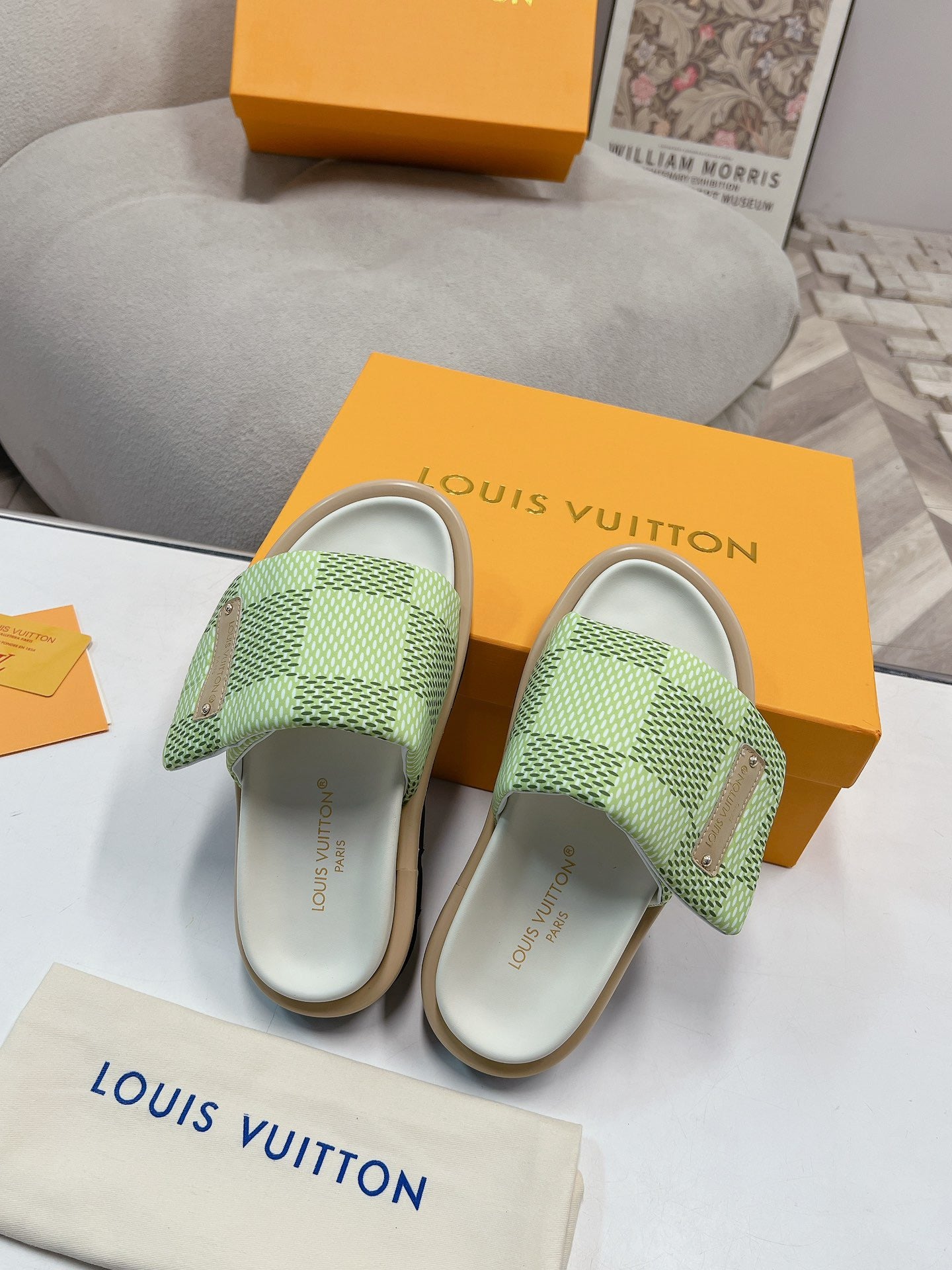 LV Denim Green Checkerboard Slippers