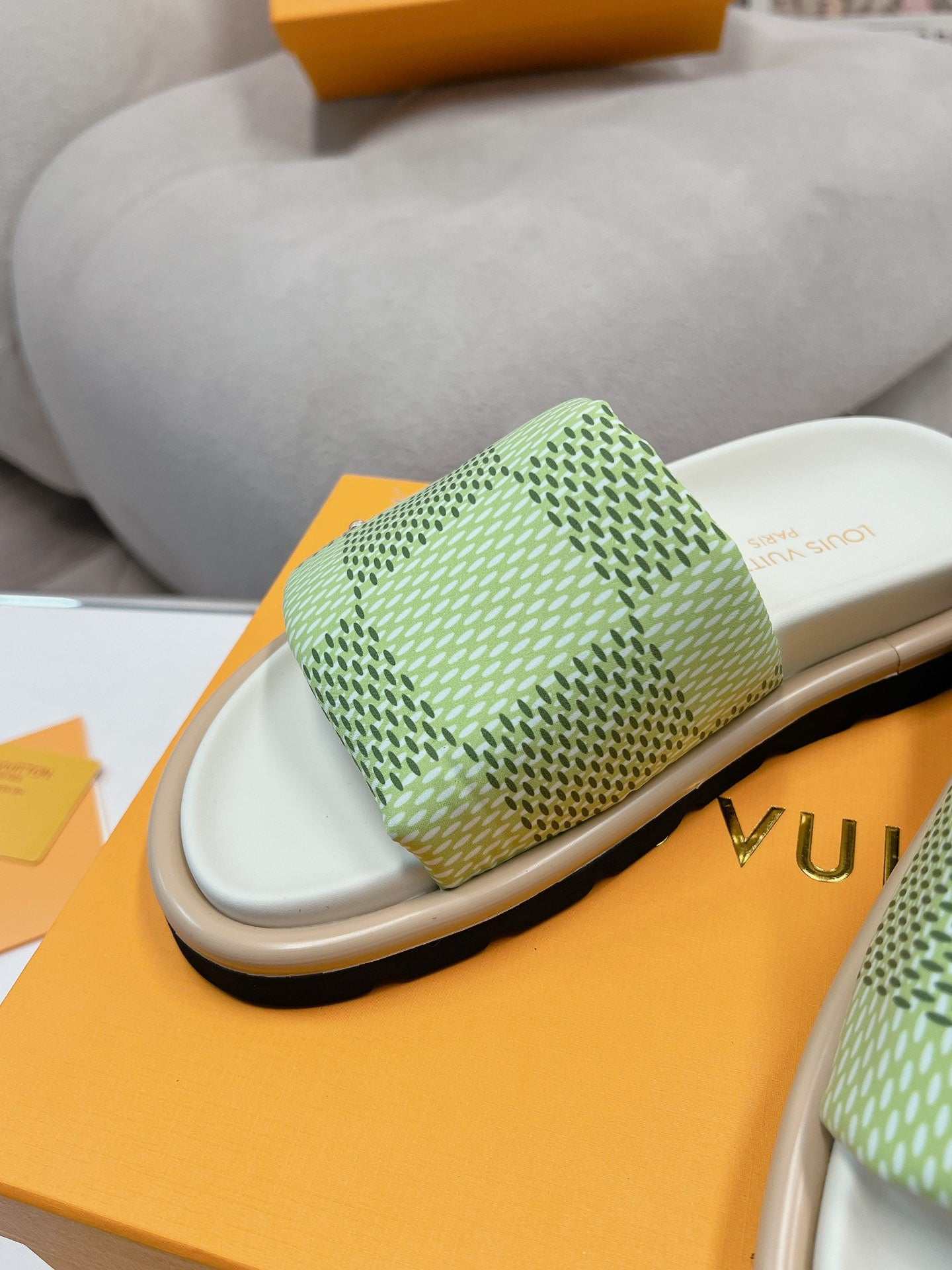 LV Denim Green Checkerboard Slippers