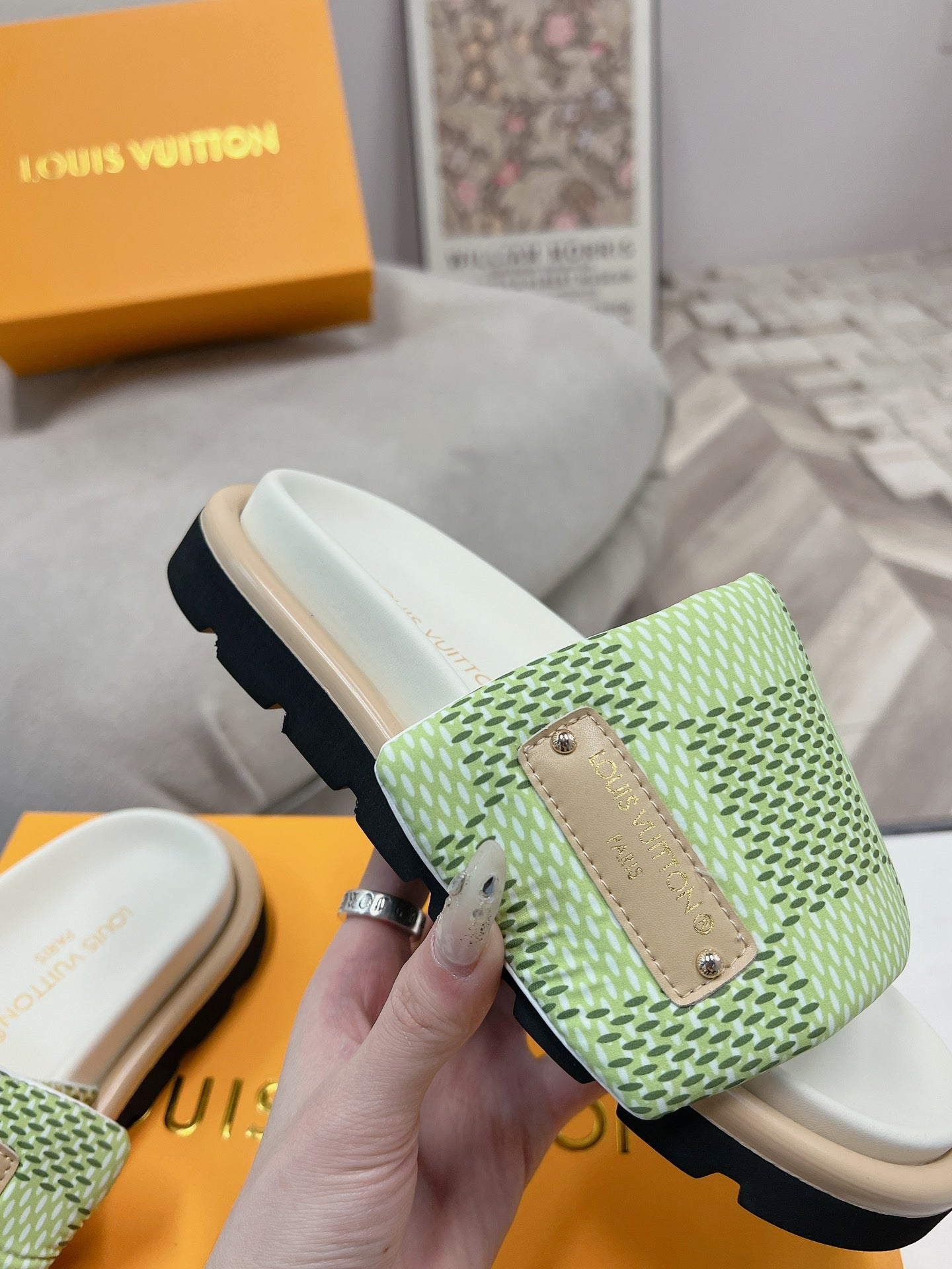 LV Denim Green Checkerboard Slippers