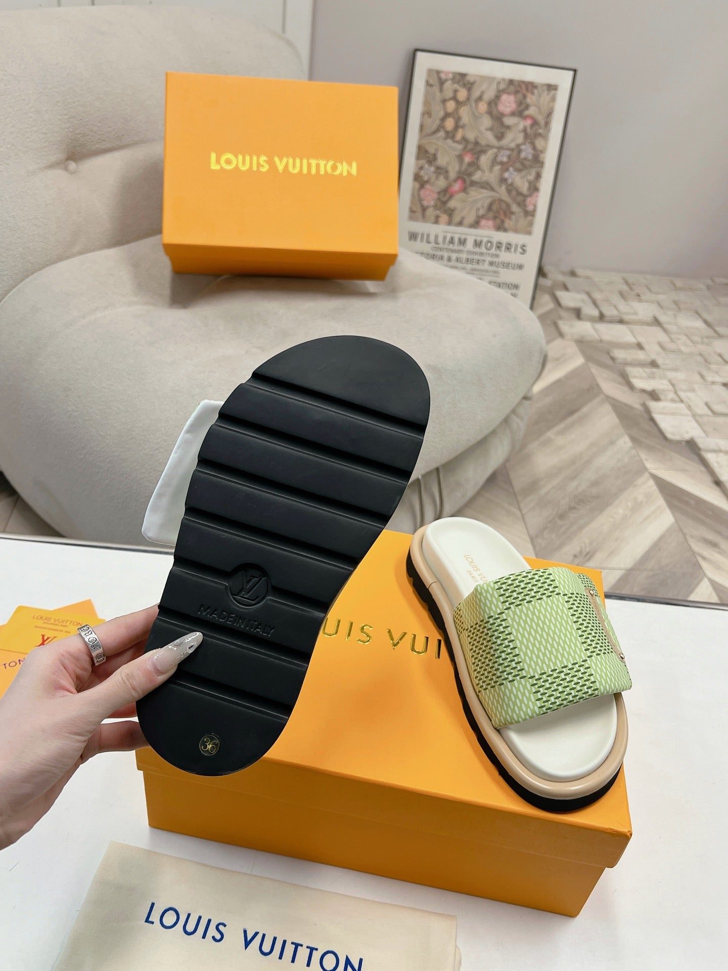 LV Denim Green Checkerboard Slippers