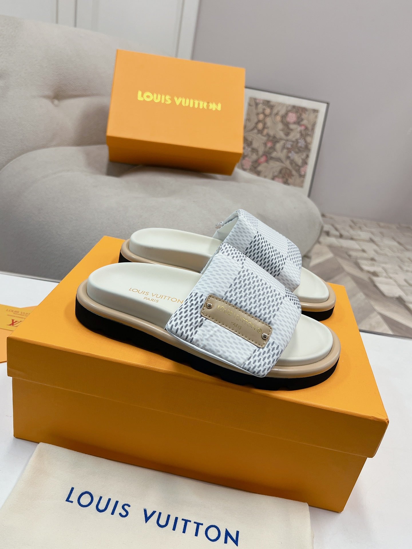 LV Denim White And Gray Checkerboard Slippers