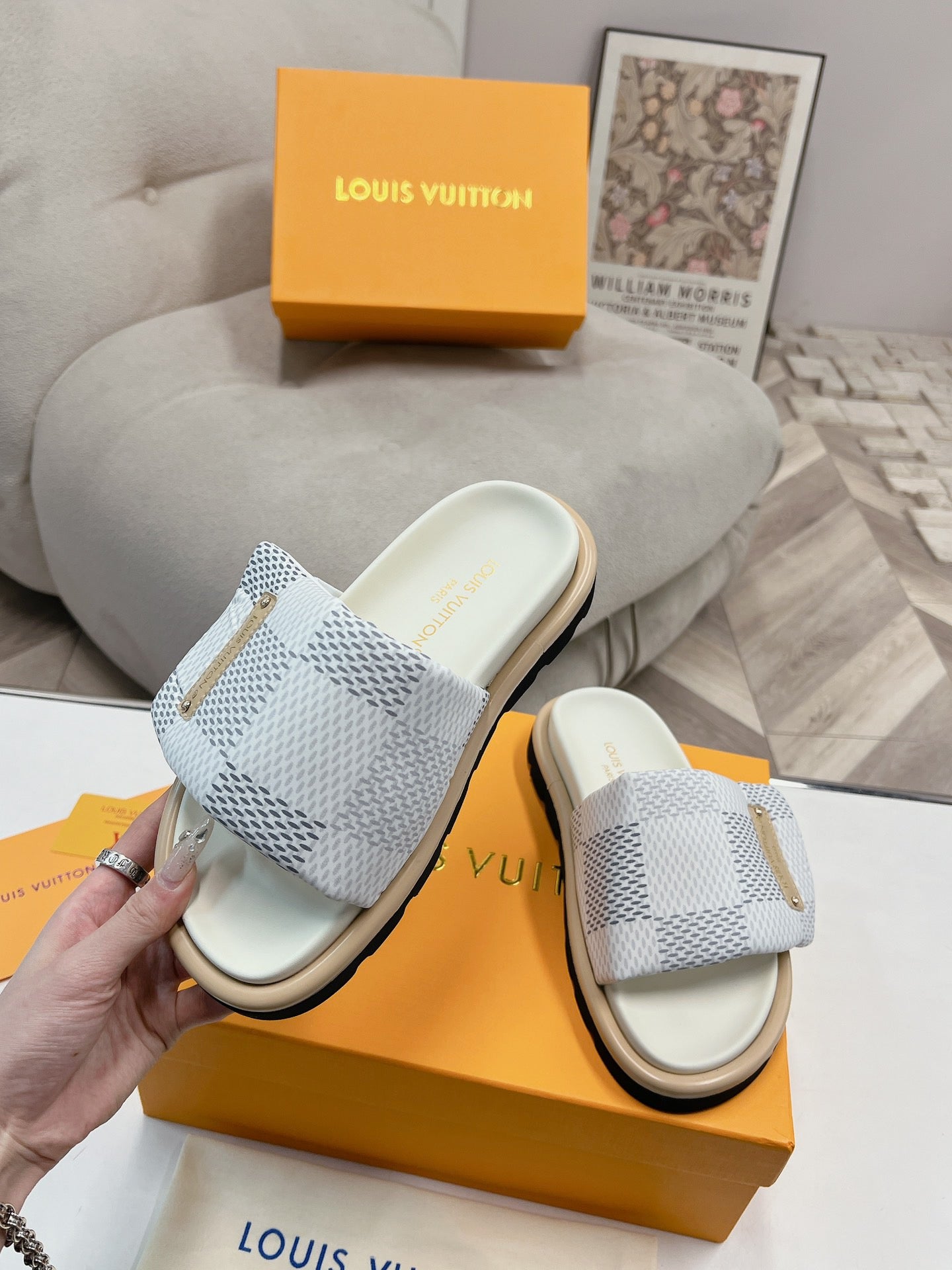 LV Denim White And Gray Checkerboard Slippers