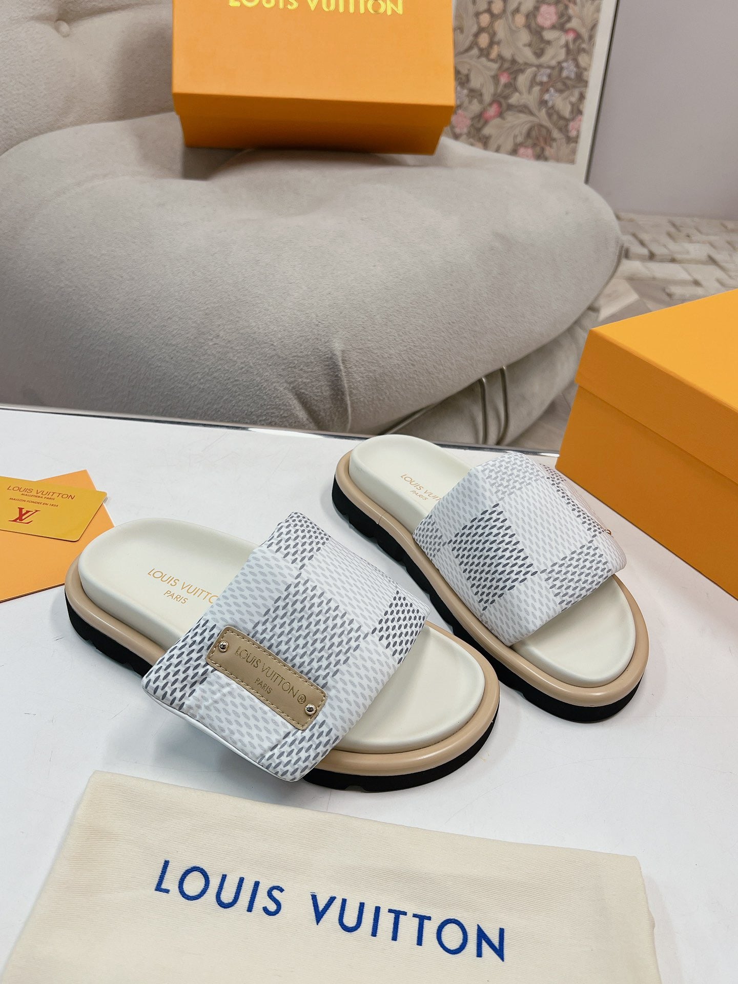 LV Denim White And Gray Checkerboard Slippers