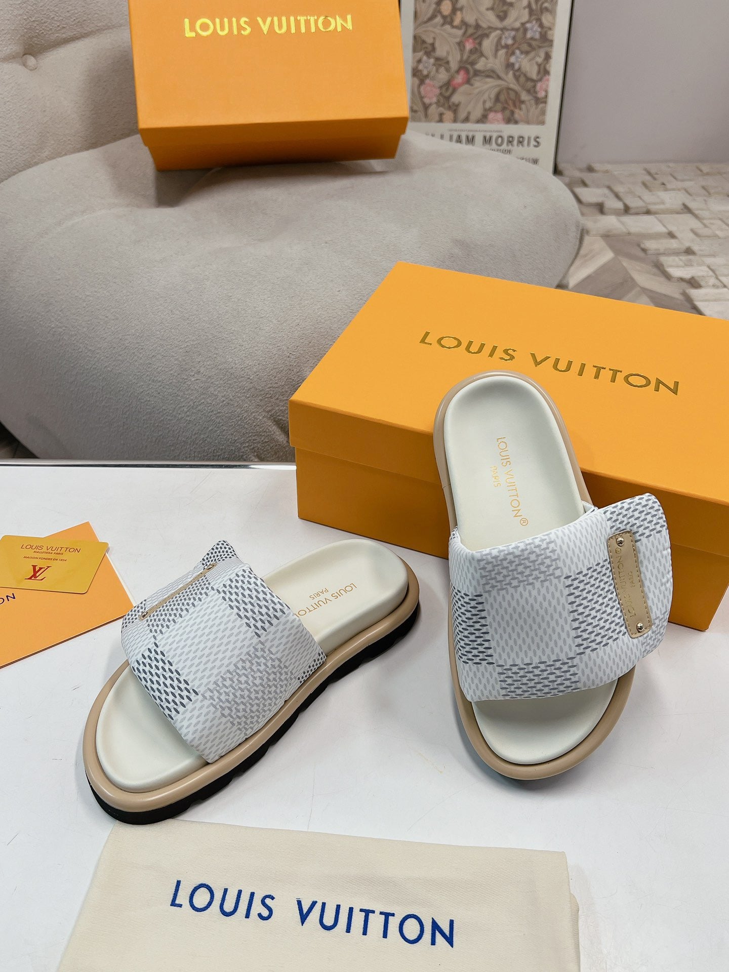 LV Denim White And Gray Checkerboard Slippers