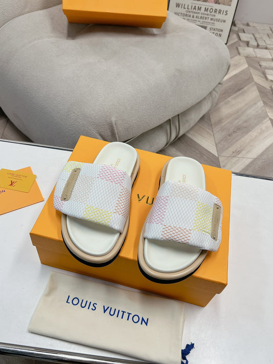 LV Denim White And Pink Checkerboard Slippers