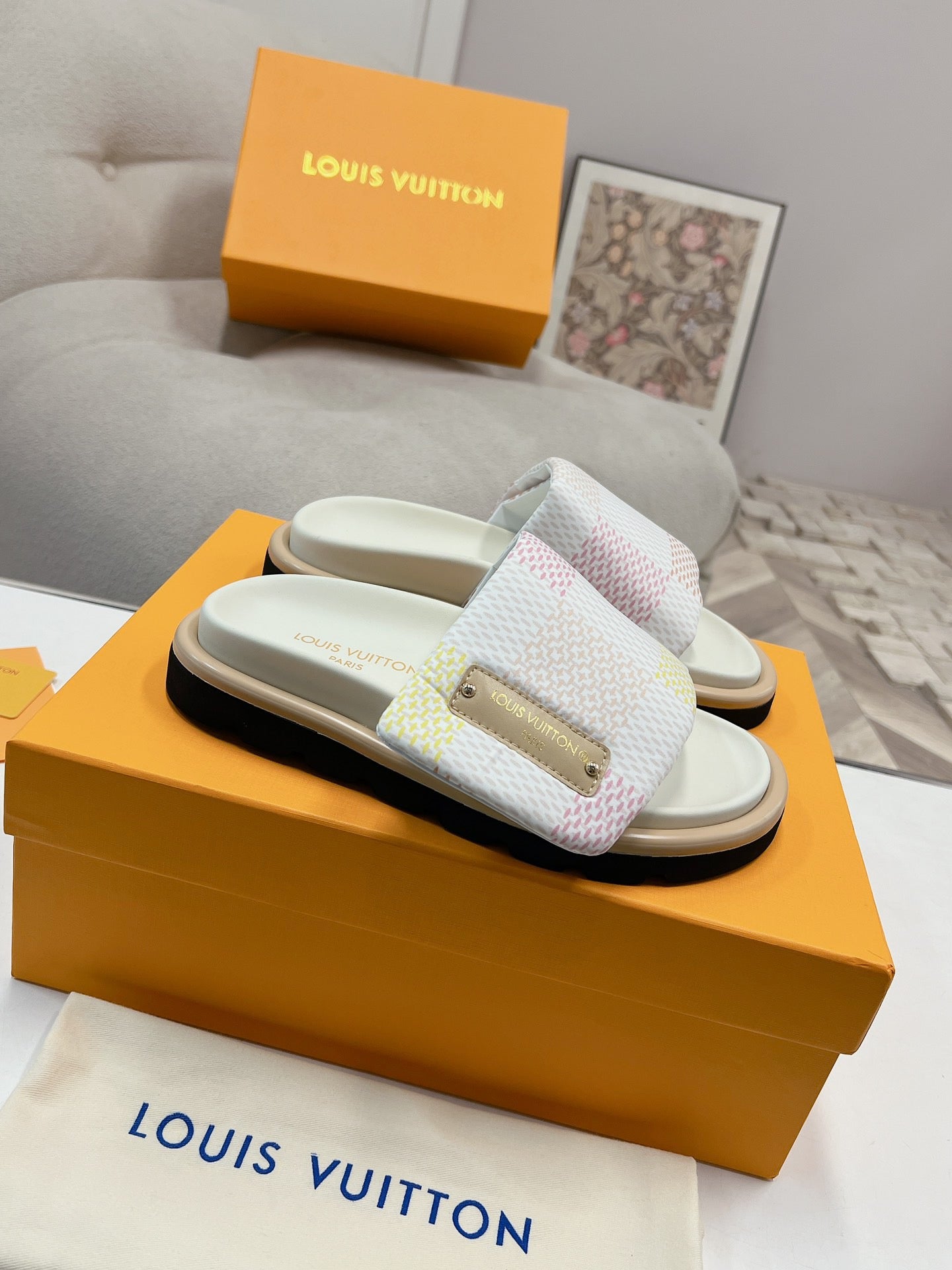 LV Denim White And Pink Checkerboard Slippers