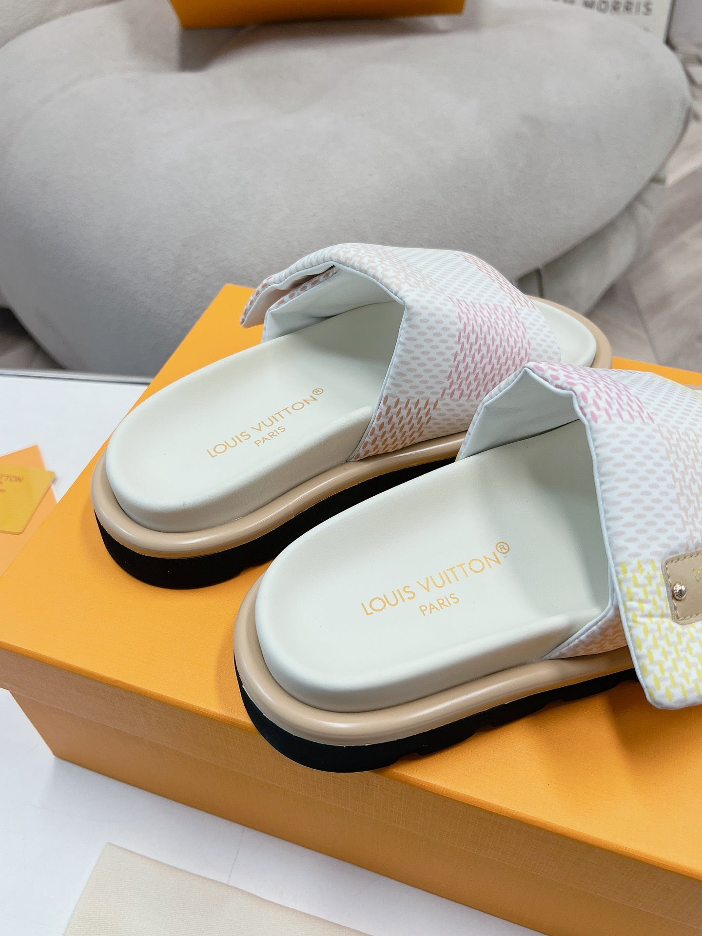 LV Denim White And Pink Checkerboard Slippers