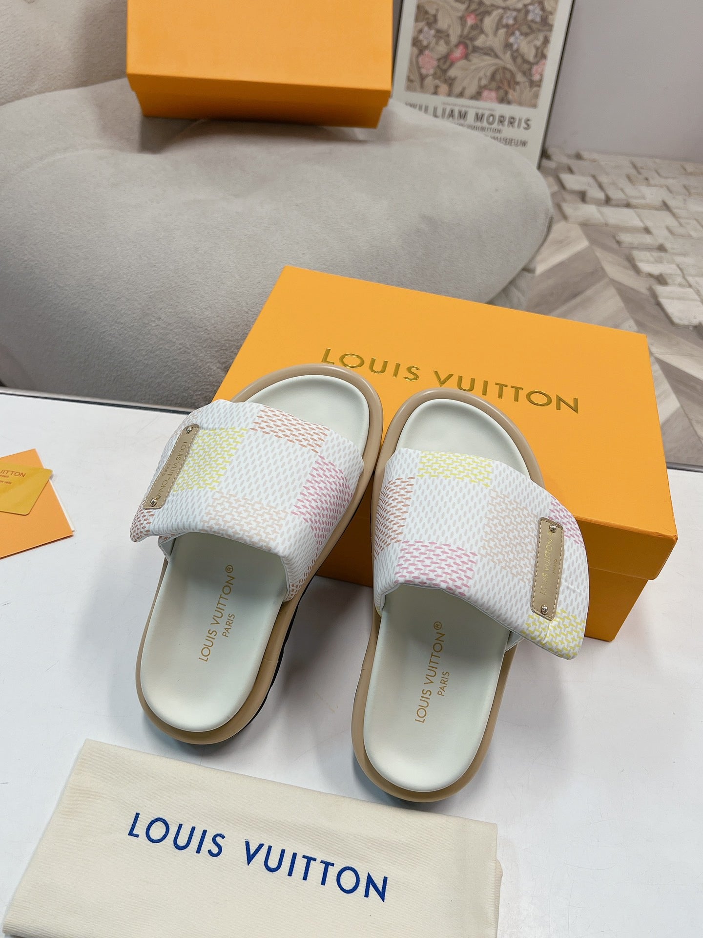 LV Denim White And Pink Checkerboard Slippers