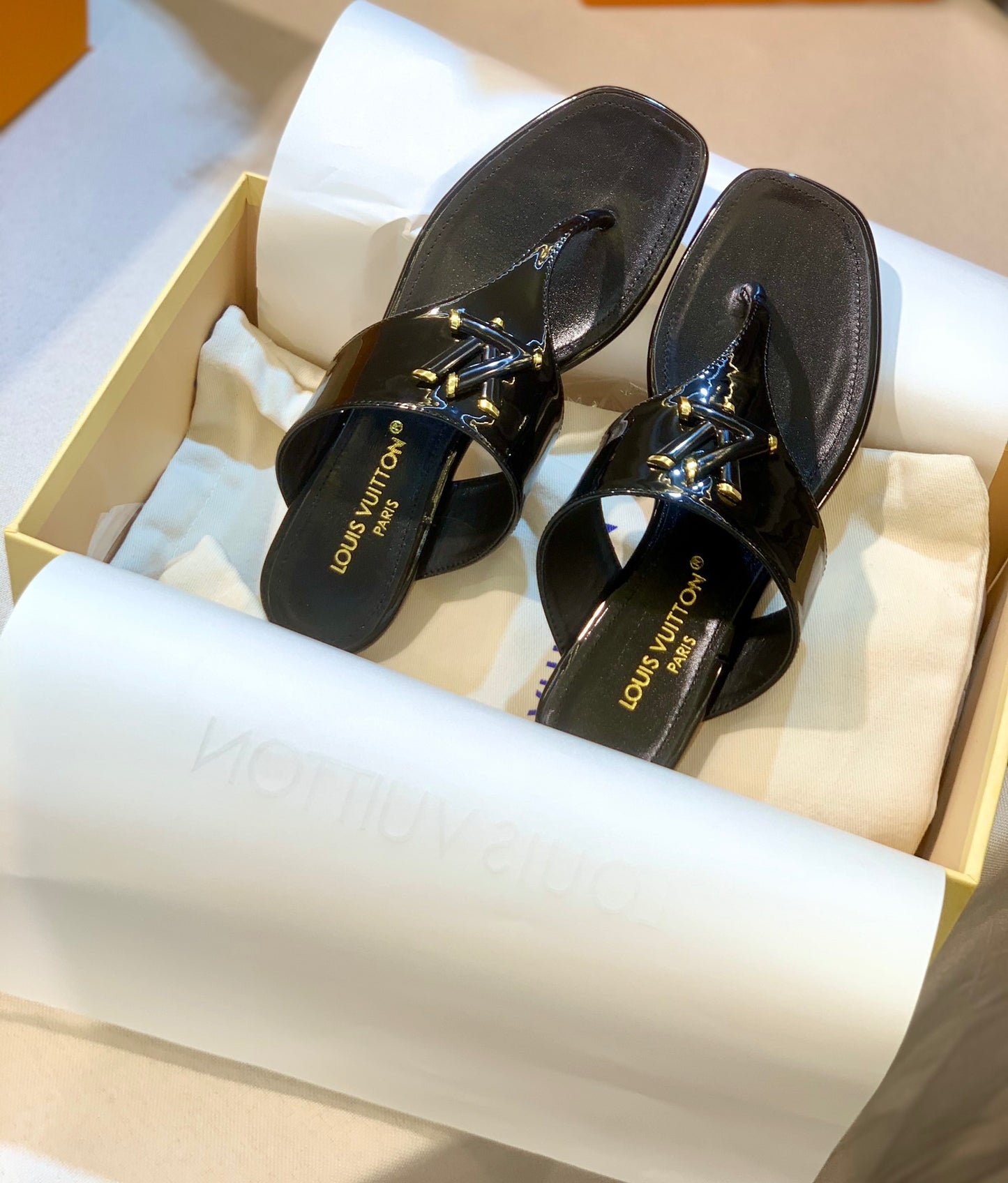 LV Black Slippers With LV Logo