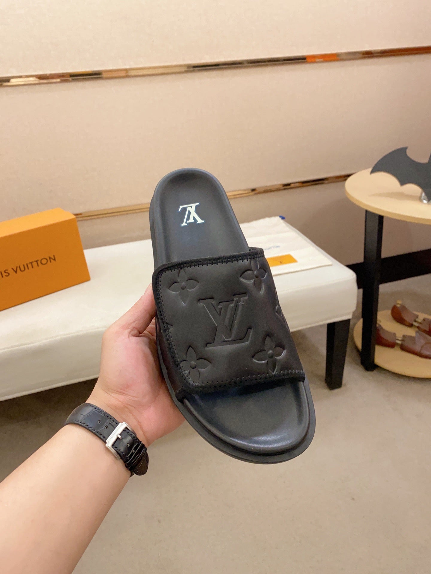 LV Miami Black Velcro Slippers