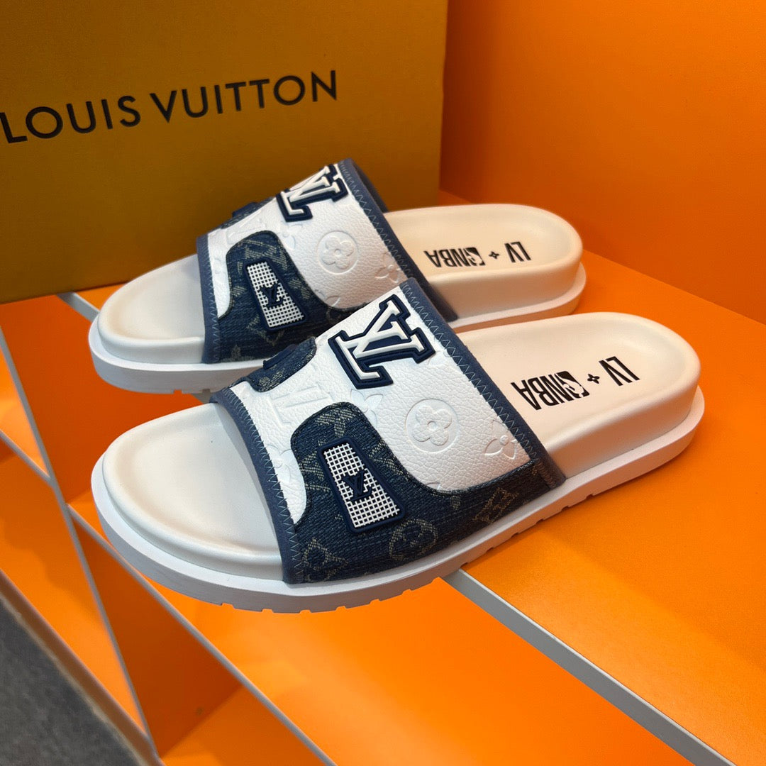 LV Blue And White Embossed And Printed Slippers