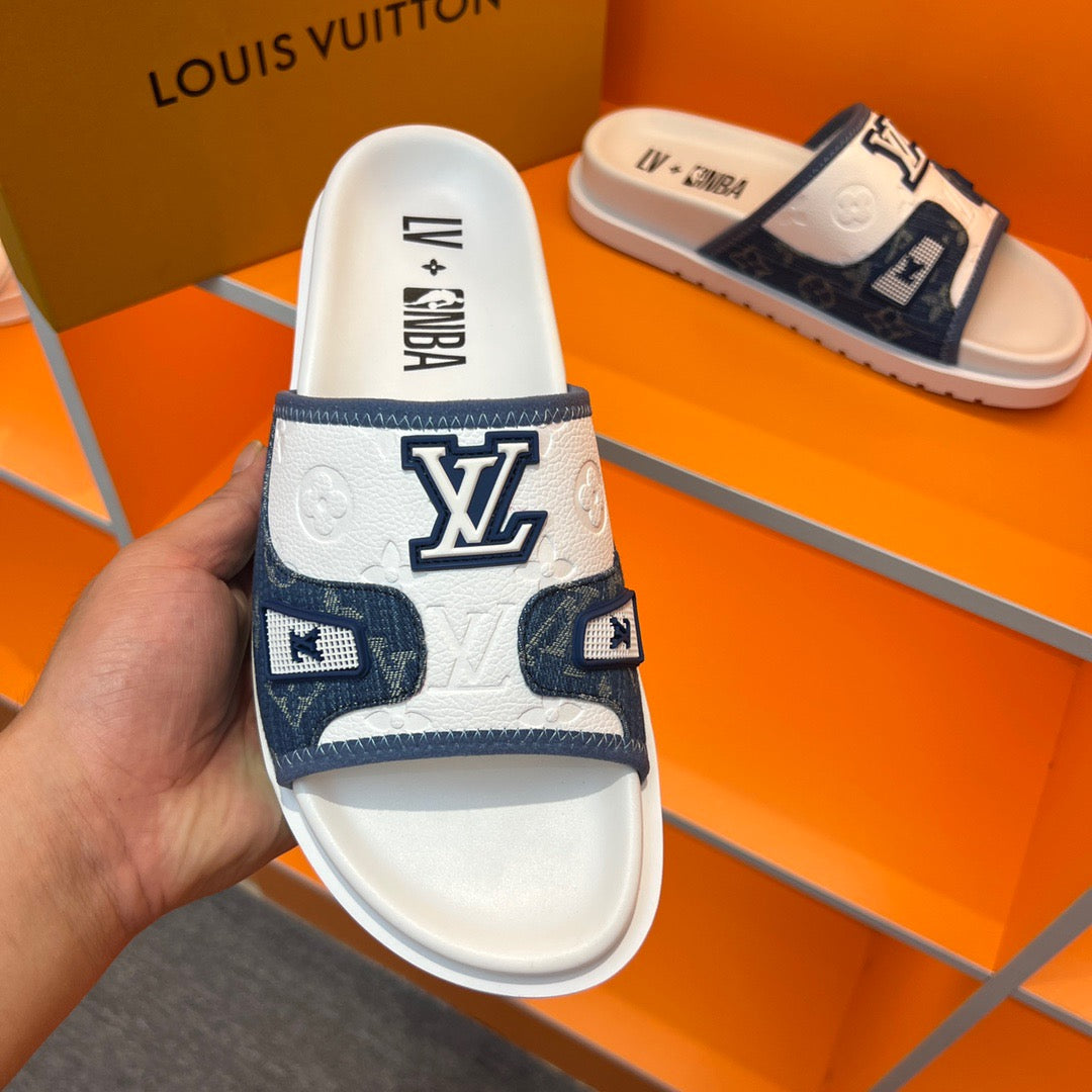 LV Blue And White Embossed And Printed Slippers