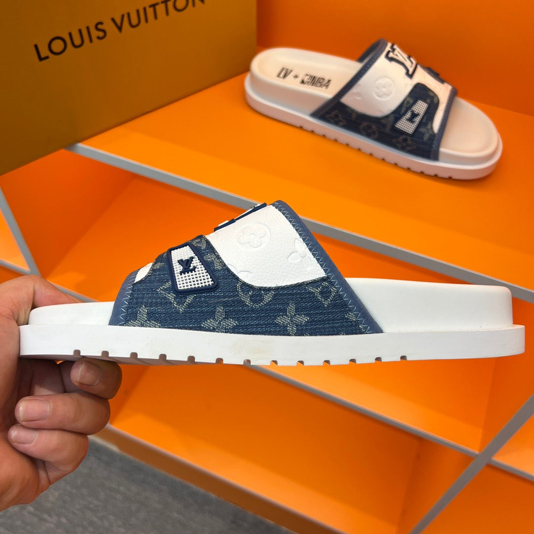 LV Blue And White Embossed And Printed Slippers