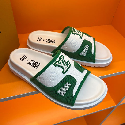 LV Green And White Embossed And Printed Slippers