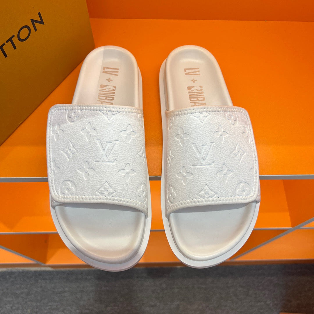 LV X NBA Calfskin White Monogram Embossed Mens Miami Mule Slippers