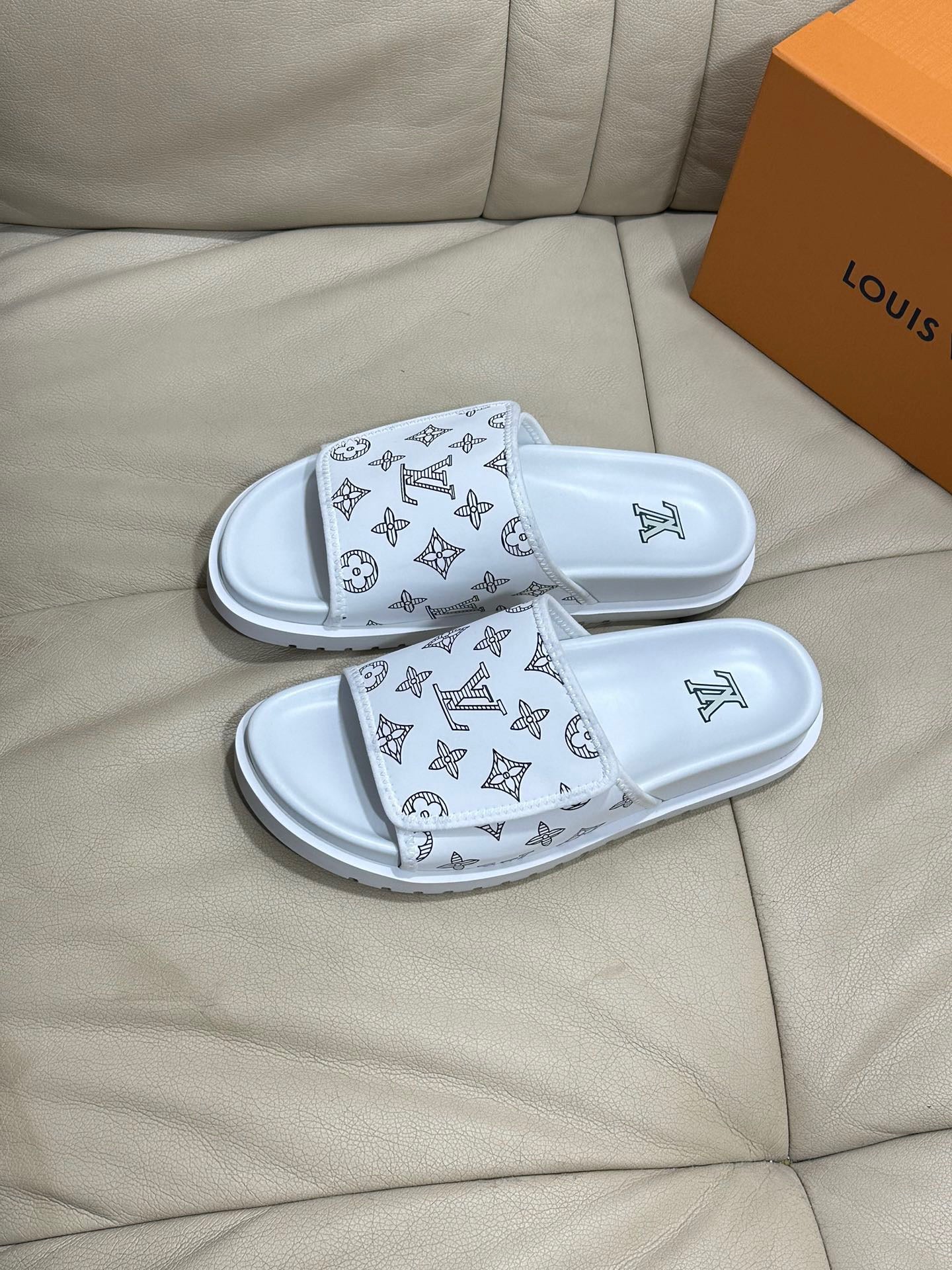 LV Monogram Velcro Slippers In White