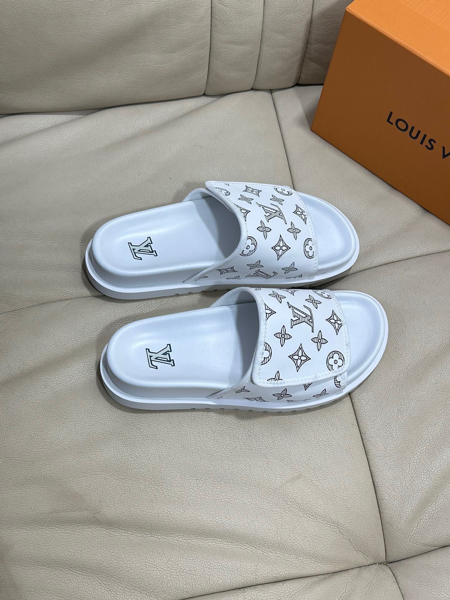 LV Monogram Velcro Slippers In White