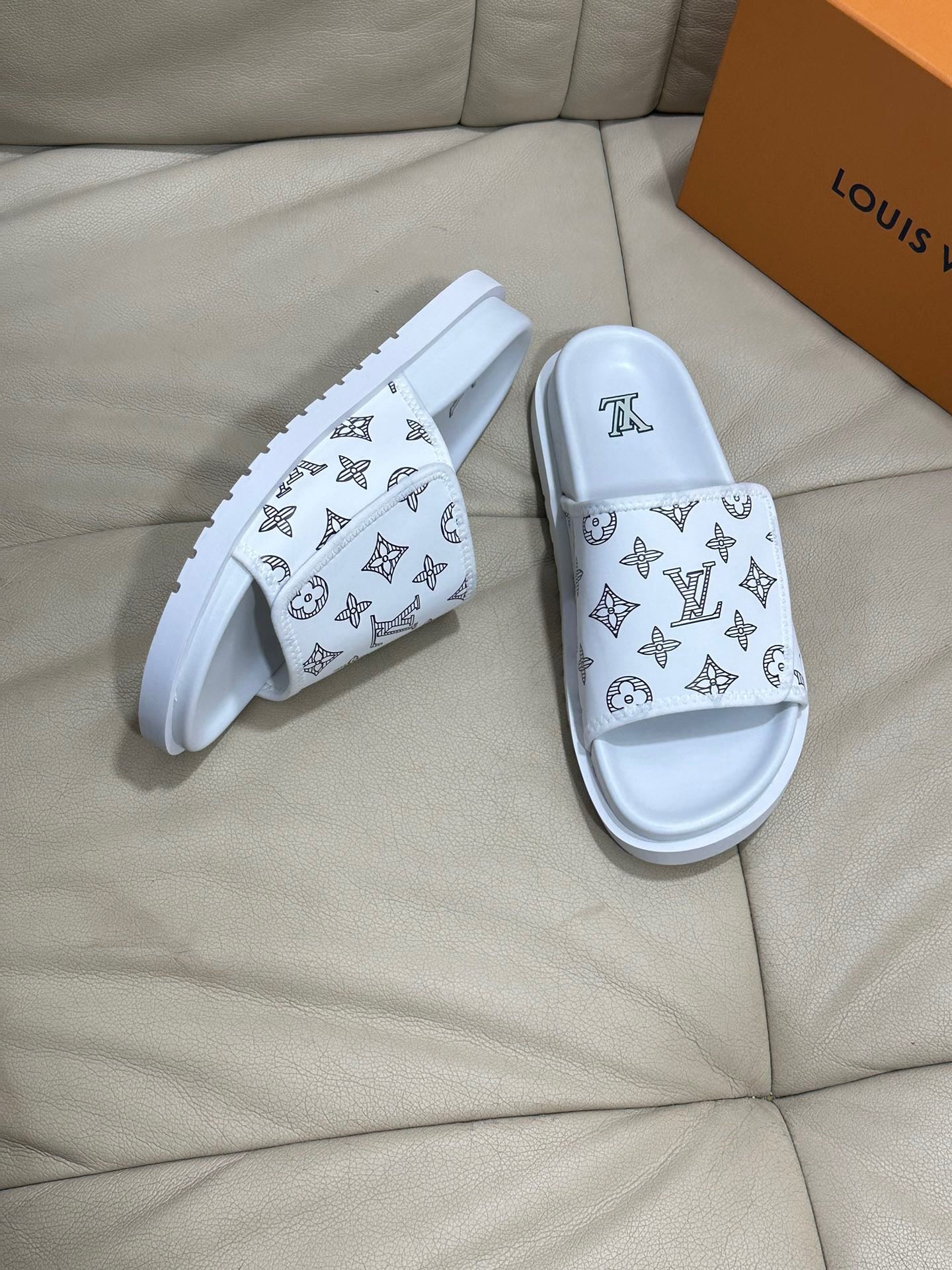 LV Monogram Velcro Slippers In White