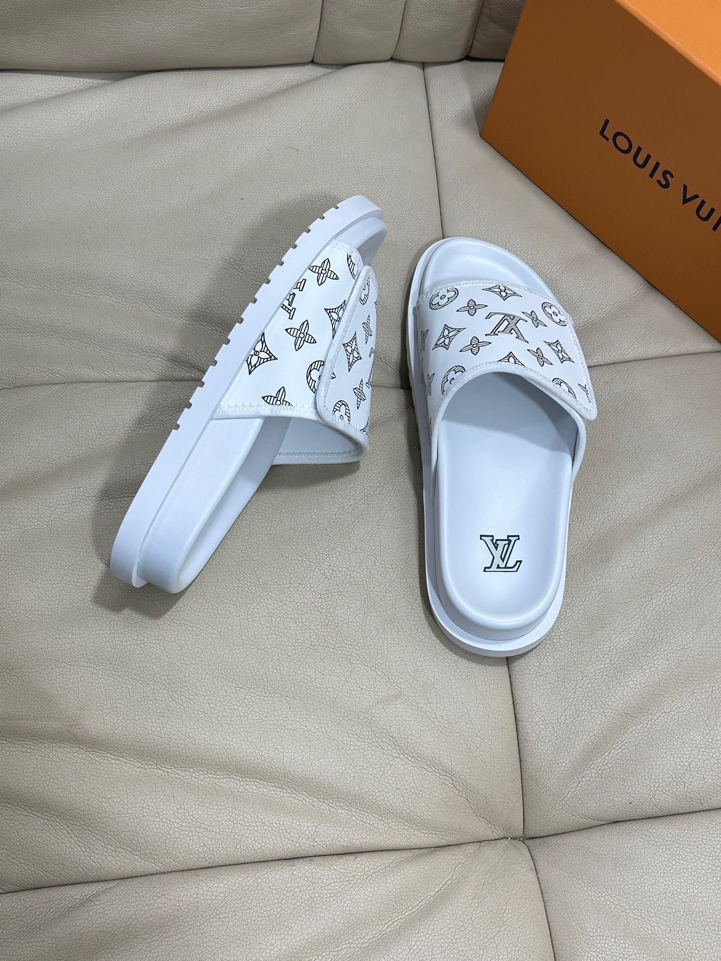 LV Monogram Velcro Slippers In White