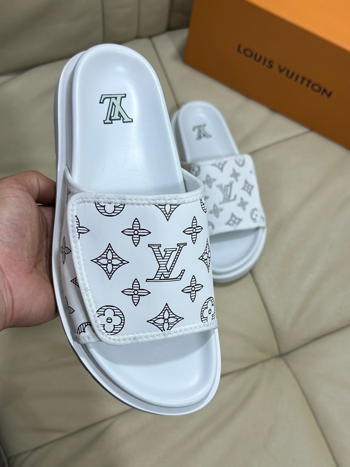 LV Monogram Velcro Slippers In White