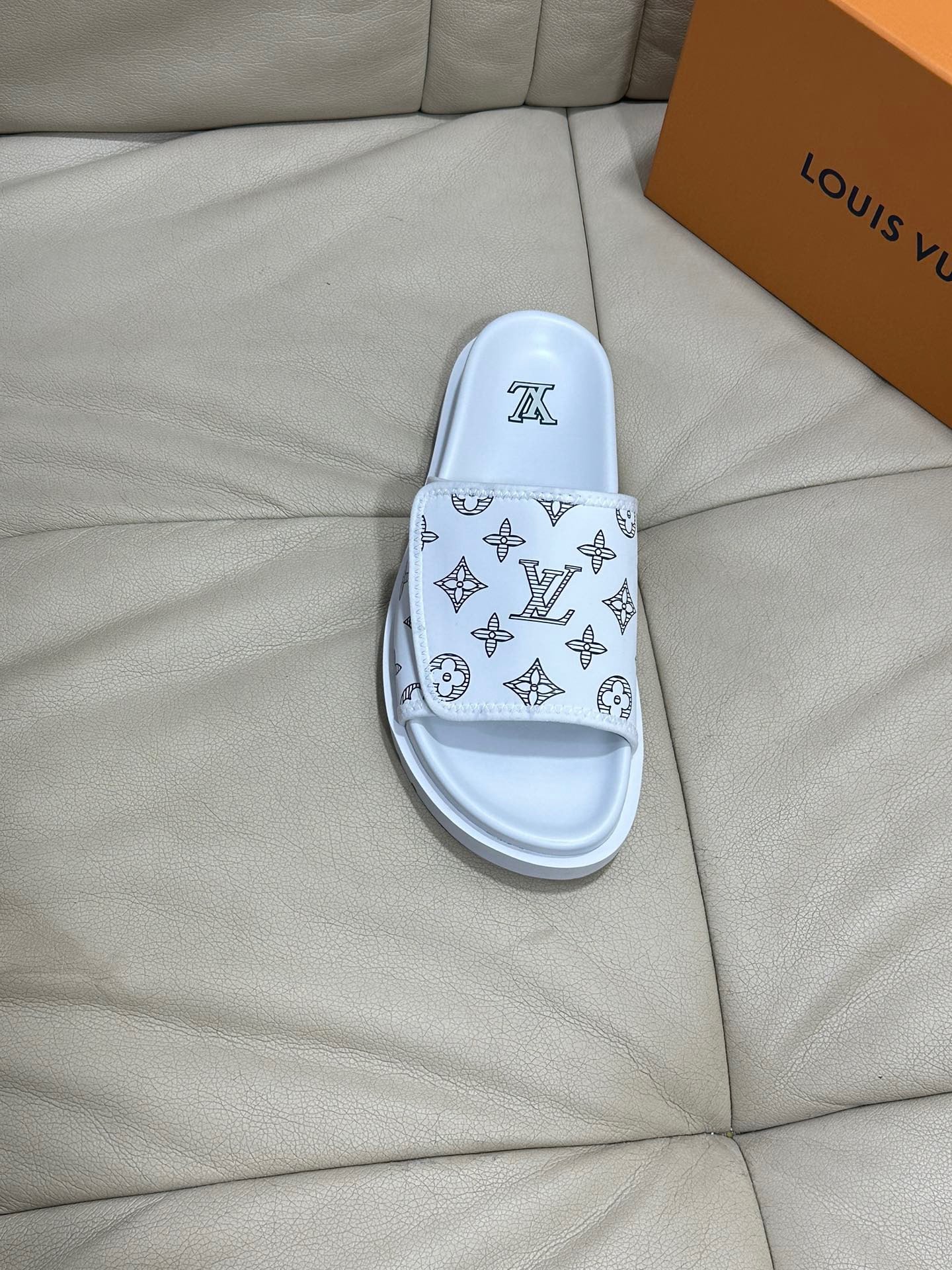 LV Monogram Velcro Slippers In White