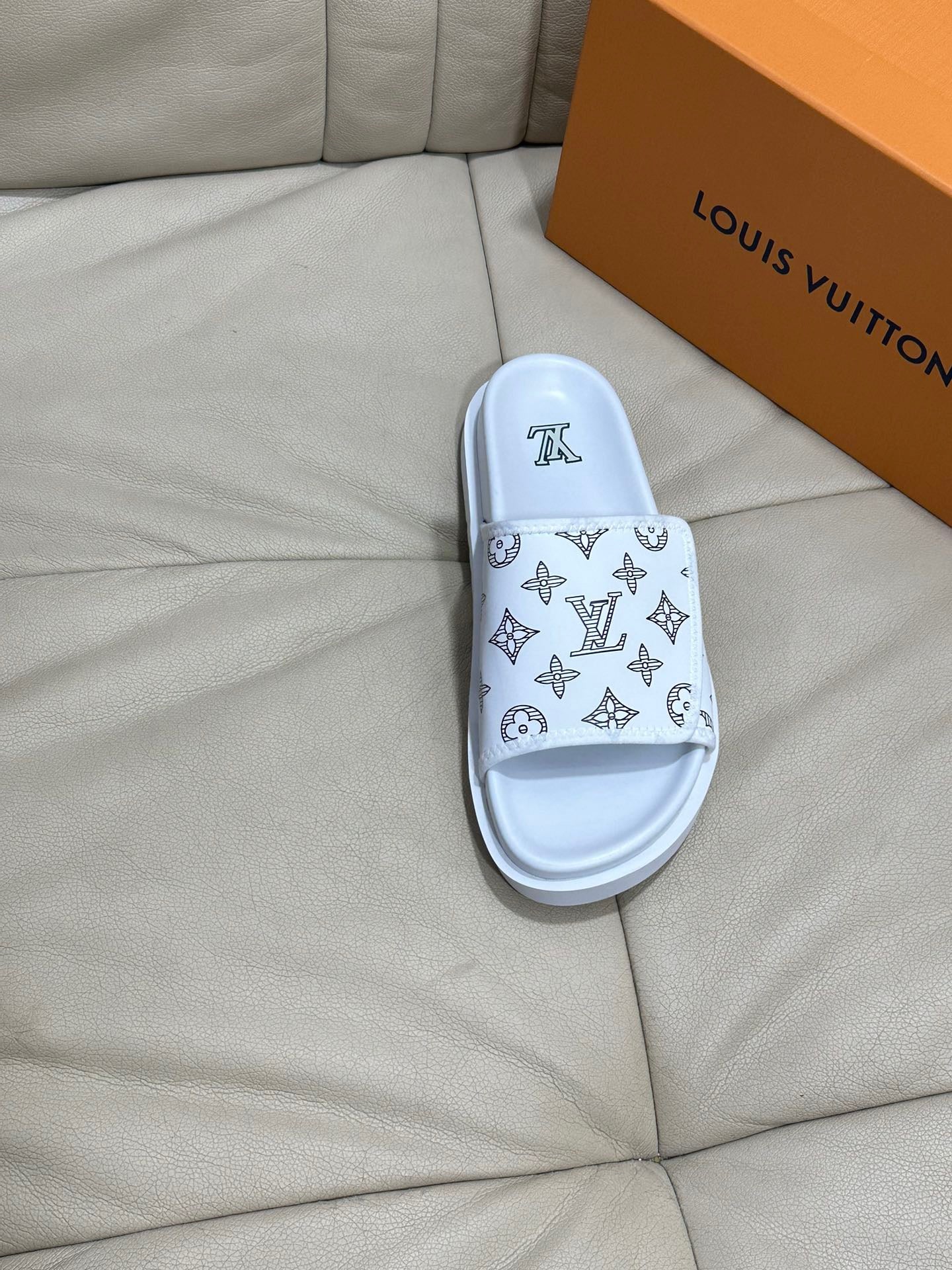 LV Monogram Velcro Slippers In White